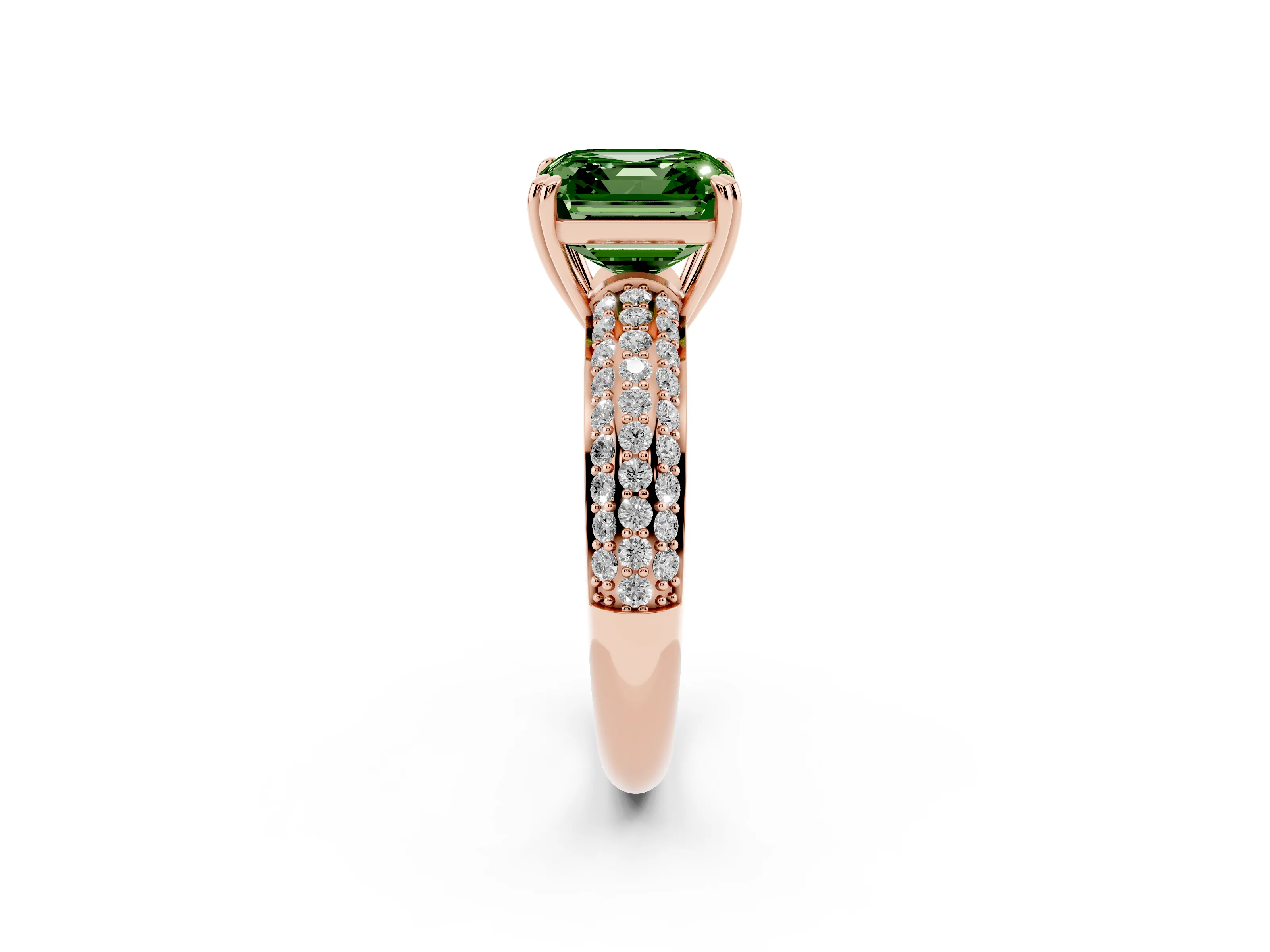 Fancy Green Asscher Cut Diamond Solitaire Ring Set in Rose gold with Multi-Row Round Pavé Band and Prong Setting