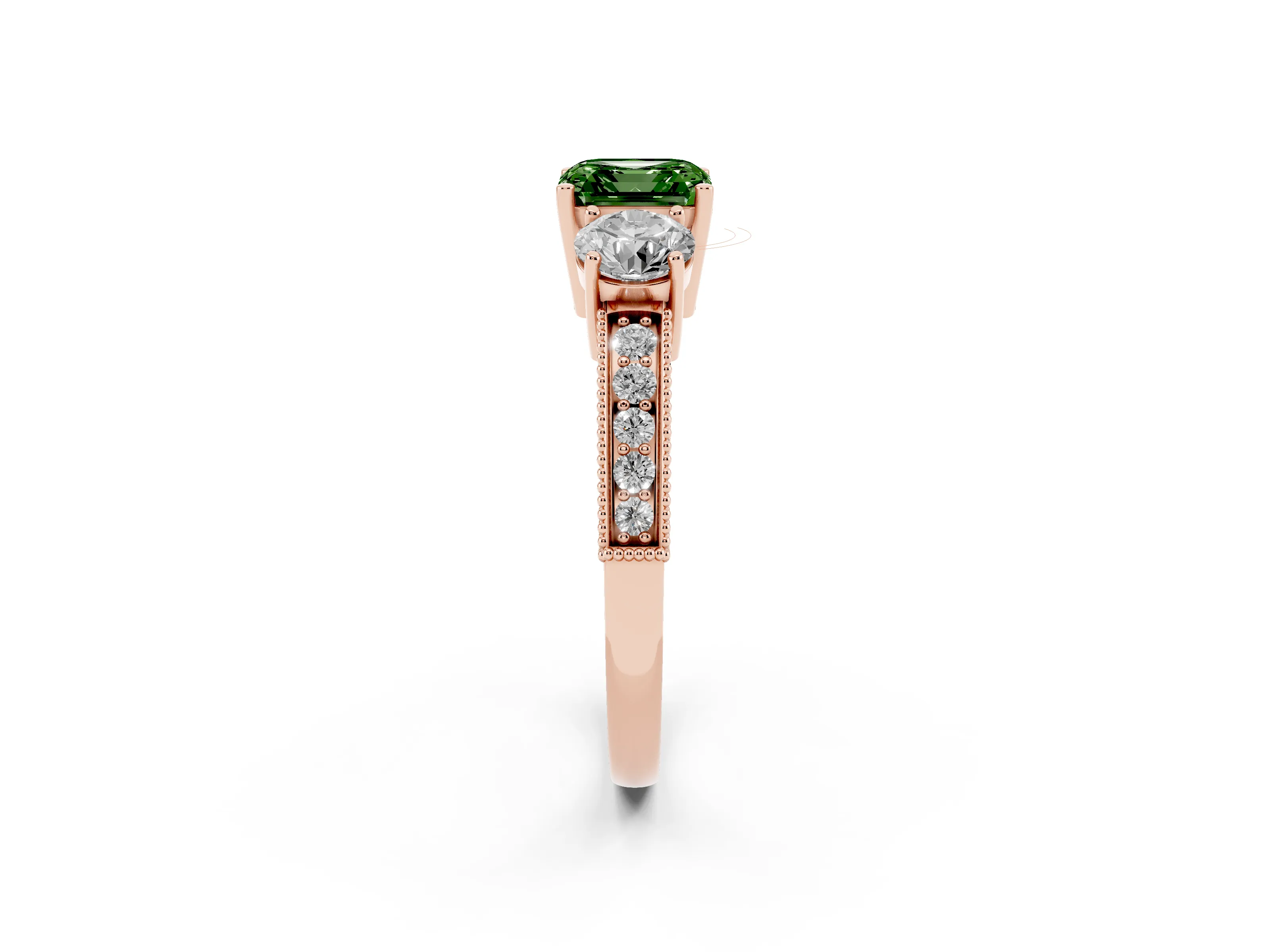Fancy Green Asscher Cut Diamond Three-Stone Ring Set in Rose gold with Round Side Stones and Pavé Band