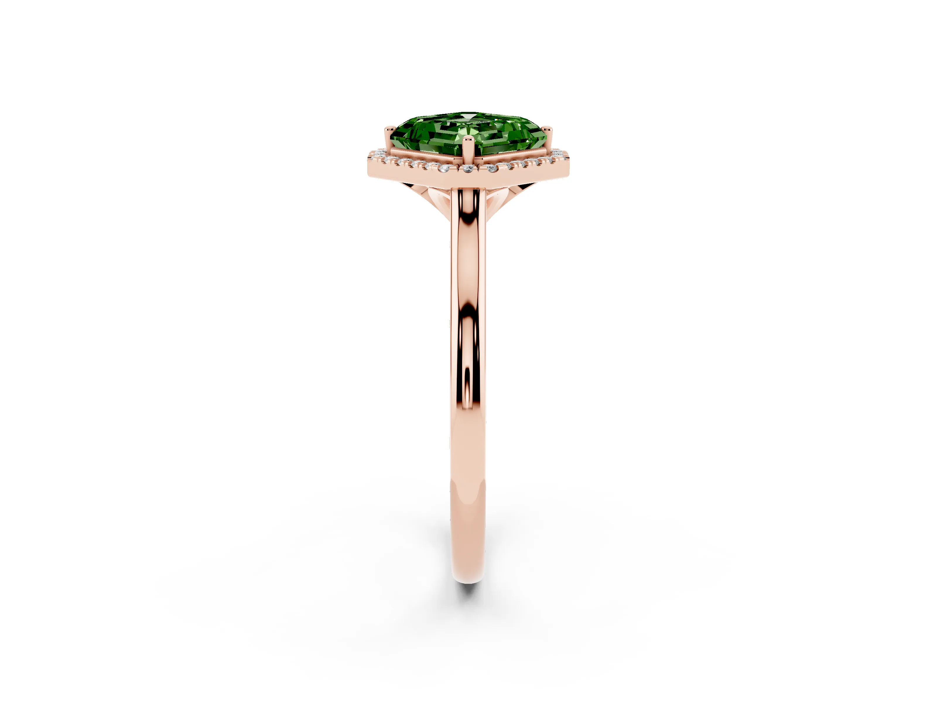 Fancy Green Asscher Cut Diamond Halo Engagement Ring Set in Rose gold with Pavé Band and Rising Shoulders
