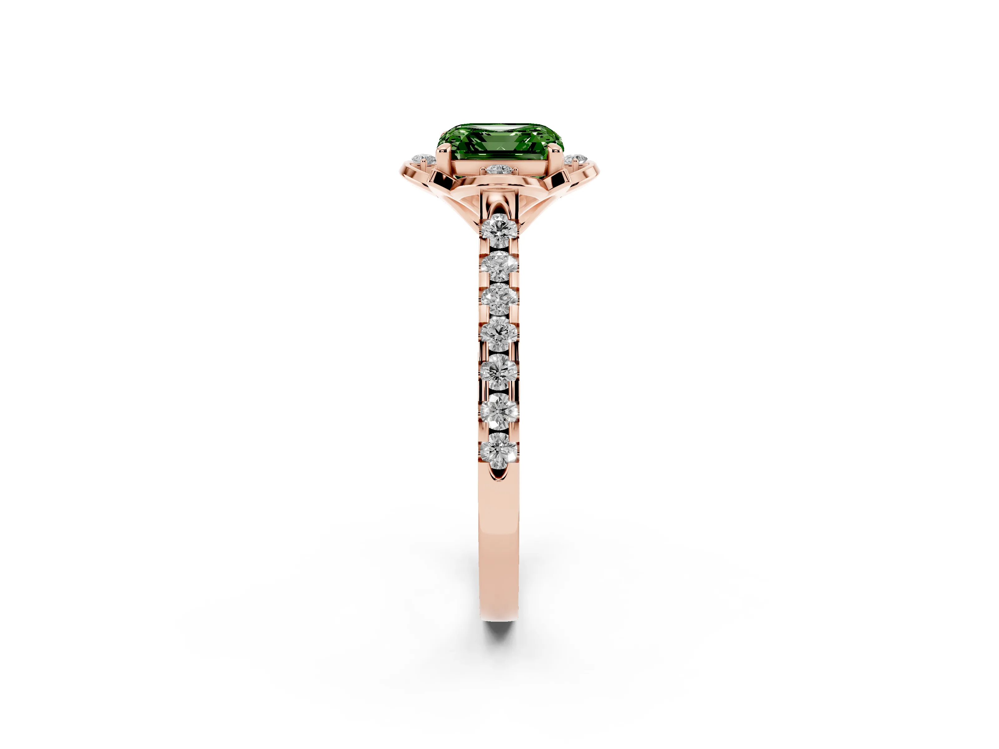 Fancy Green Asscher Cut Diamond Solitaire Ring Set in Rose gold with Pavé Band and Floral Prong Setting
