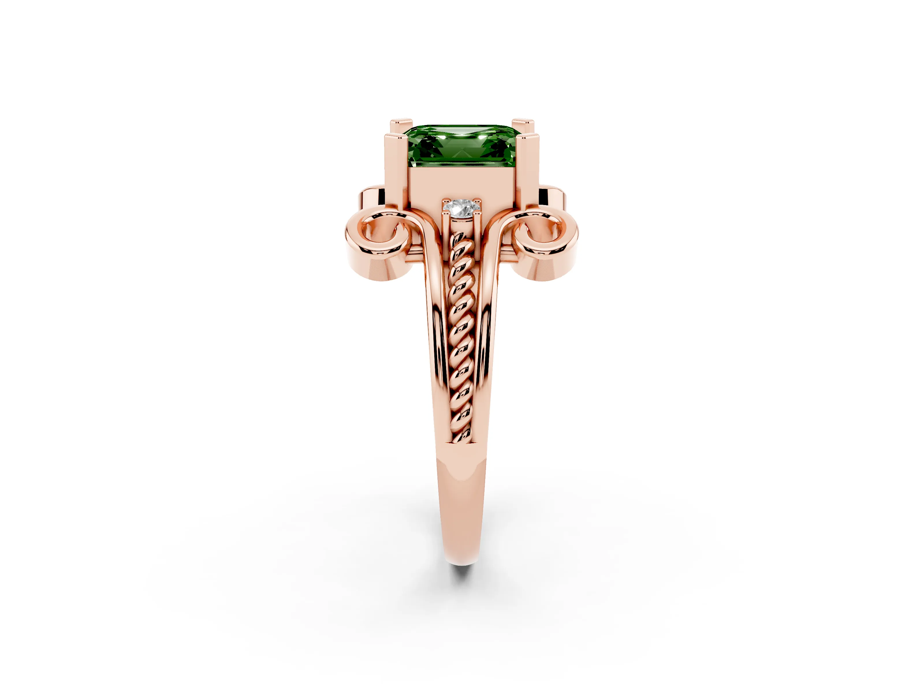 Fancy Green Asscher Cut Diamond Twisted Band Solitaire Ring Set in Rose gold with Scroll Prongs