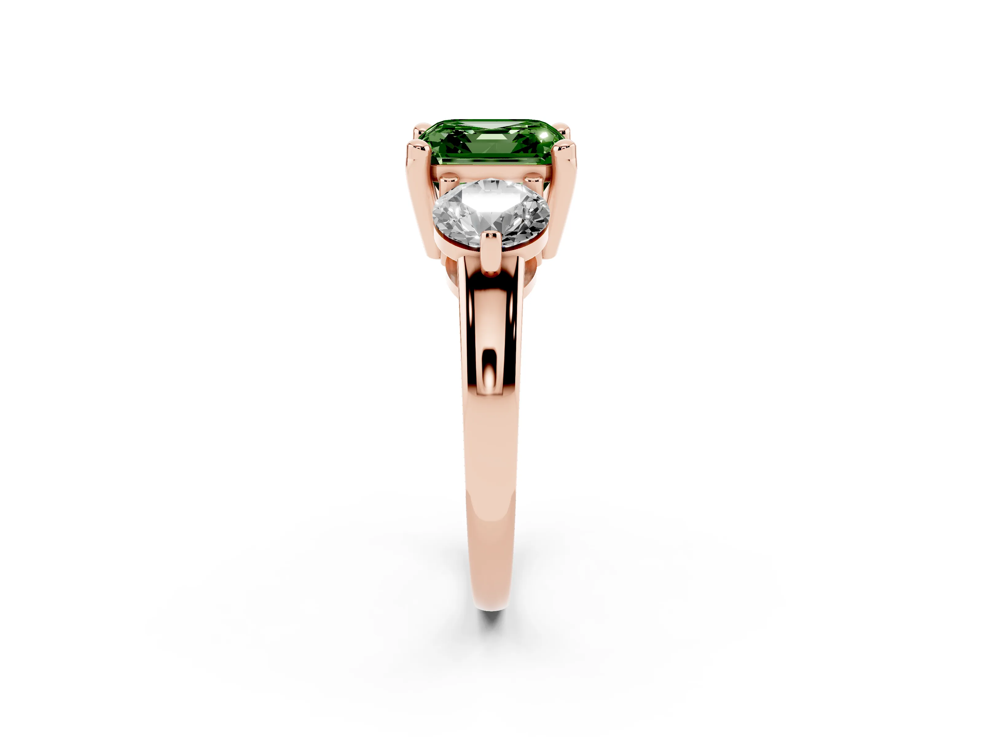 Fancy Green Asscher Cut Diamond Three-Stone Ring Set in Rose gold with Prong Setting and Classic Band