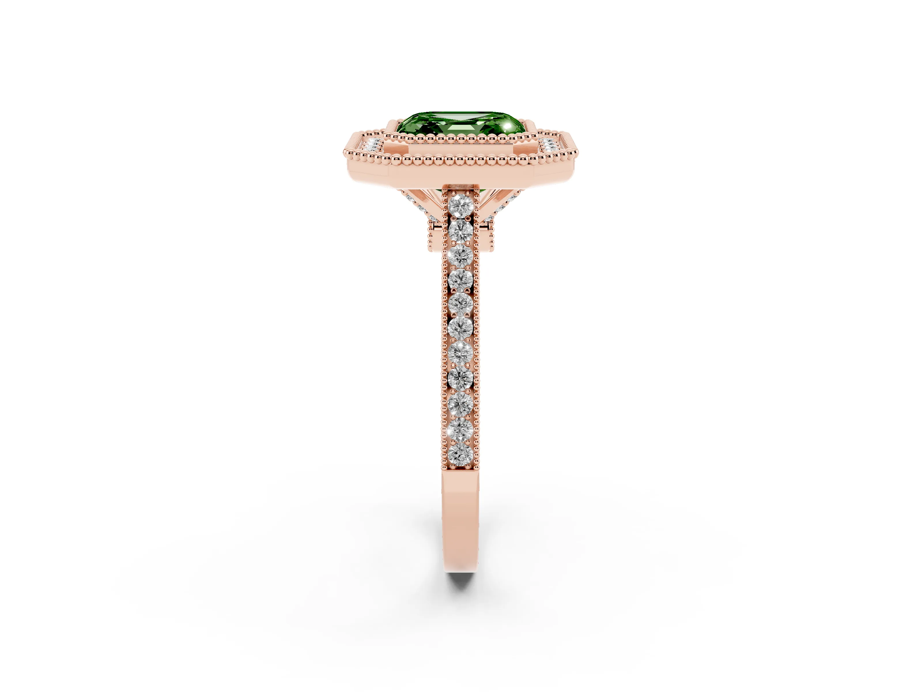 Fancy Green Asscher Cut Diamond Halo Ring Set in Rose gold with Milgrain Frame and Pavé Band