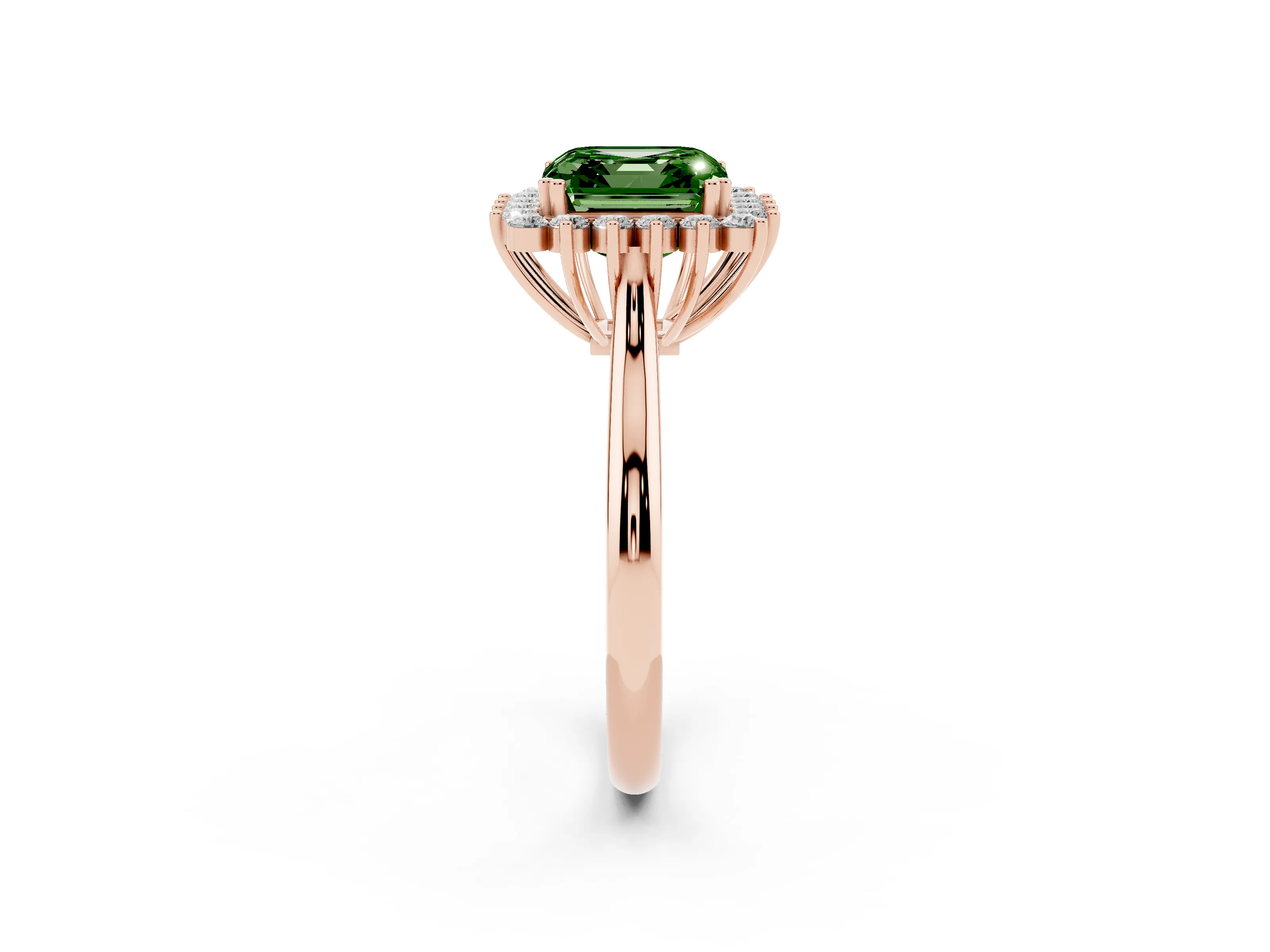 Fancy Green Asscher Cut Diamond Halo Ring Set in Rose gold with Plain Solitaire Band and Prong Setting