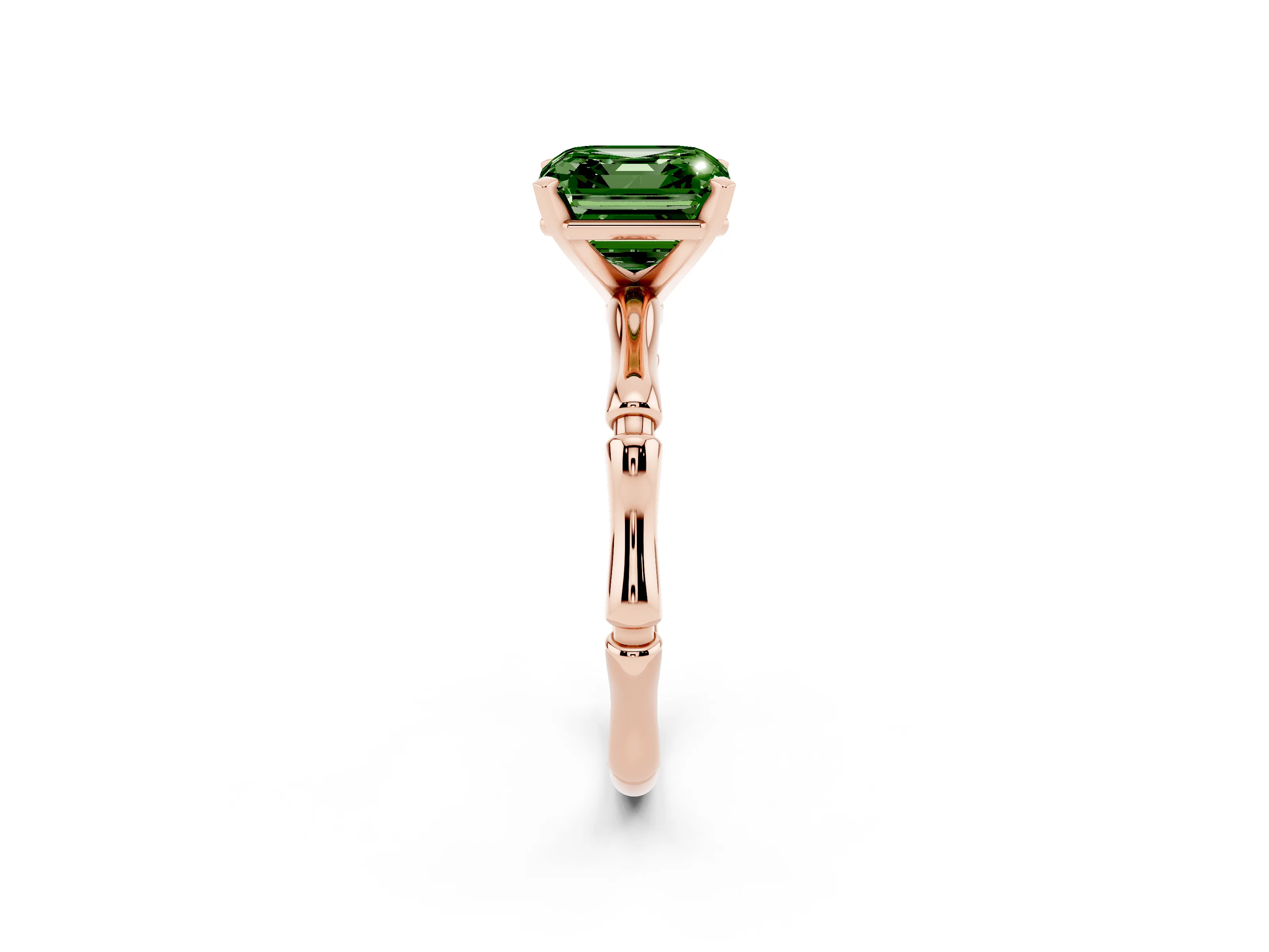 Fancy Green Asscher Cut Diamond Solitaire Ring Set in Rose gold with Bamboo Band and Prong Setting