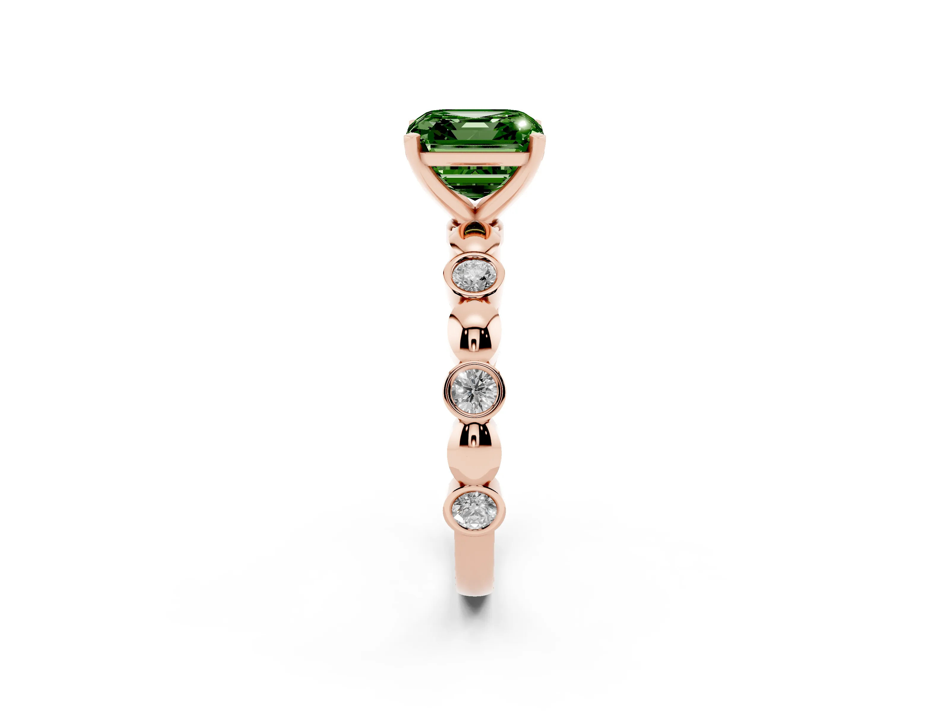 Fancy Green Asscher Cut Diamond Solitaire Ring Set in Rose gold with Bezel-Set Accents on Beaded Band and Prong Setting