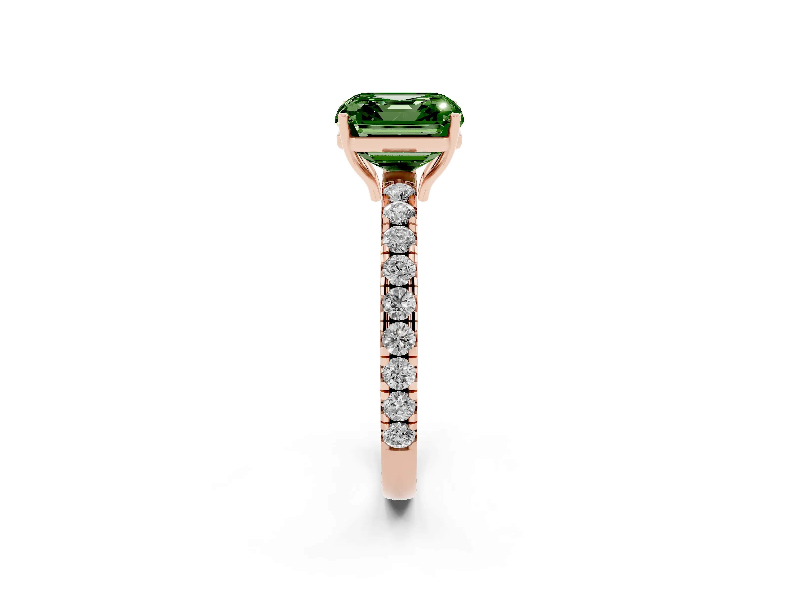 Fancy Green Asscher Cut Diamond Pavé Solitaire Engagement Ring Set in Rose gold with Prong Setting