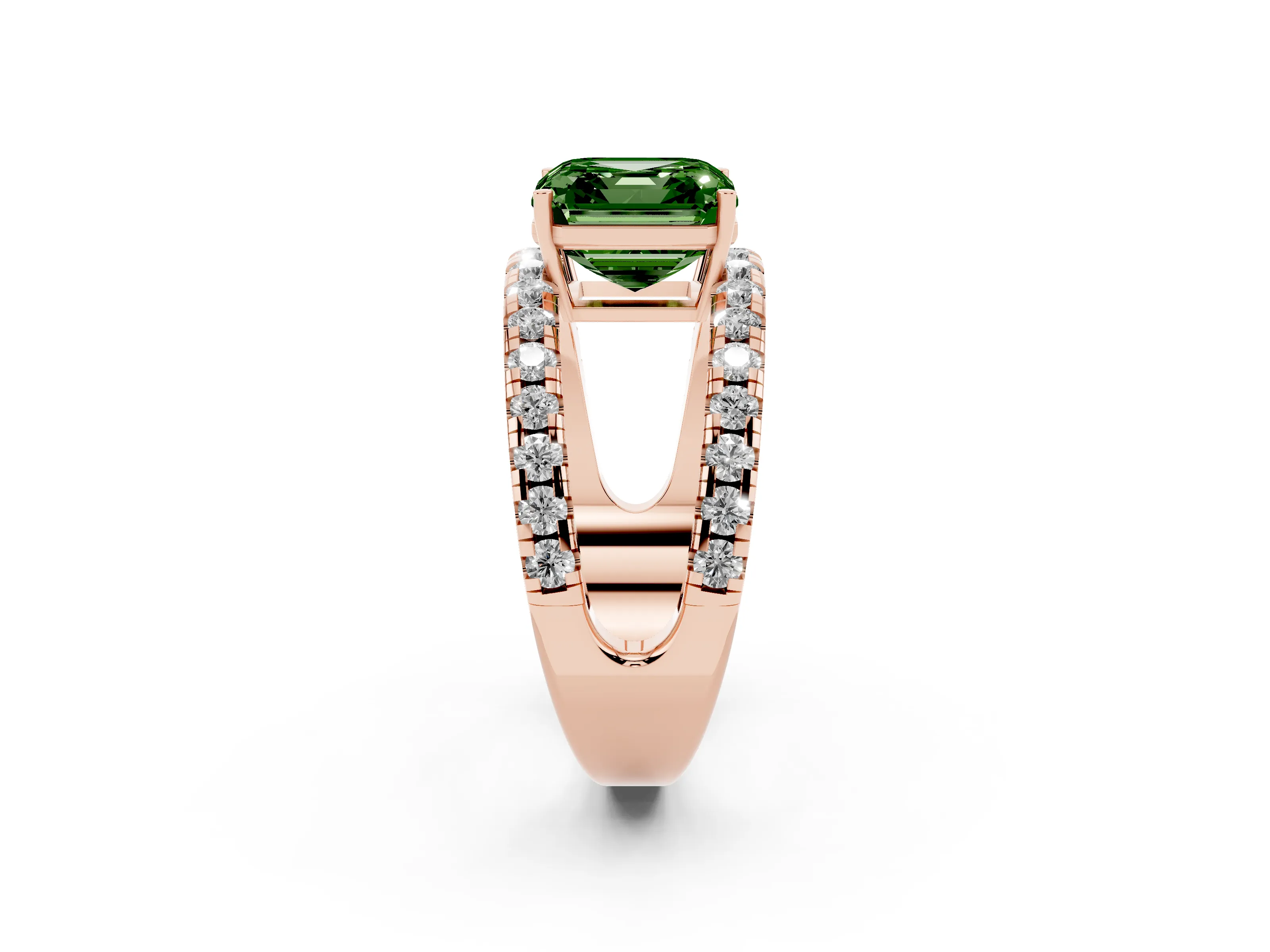 Fancy Green Asscher Cut Diamond Split Shank Pavé Solitaire Ring Set in Rose gold with Open Shank Design