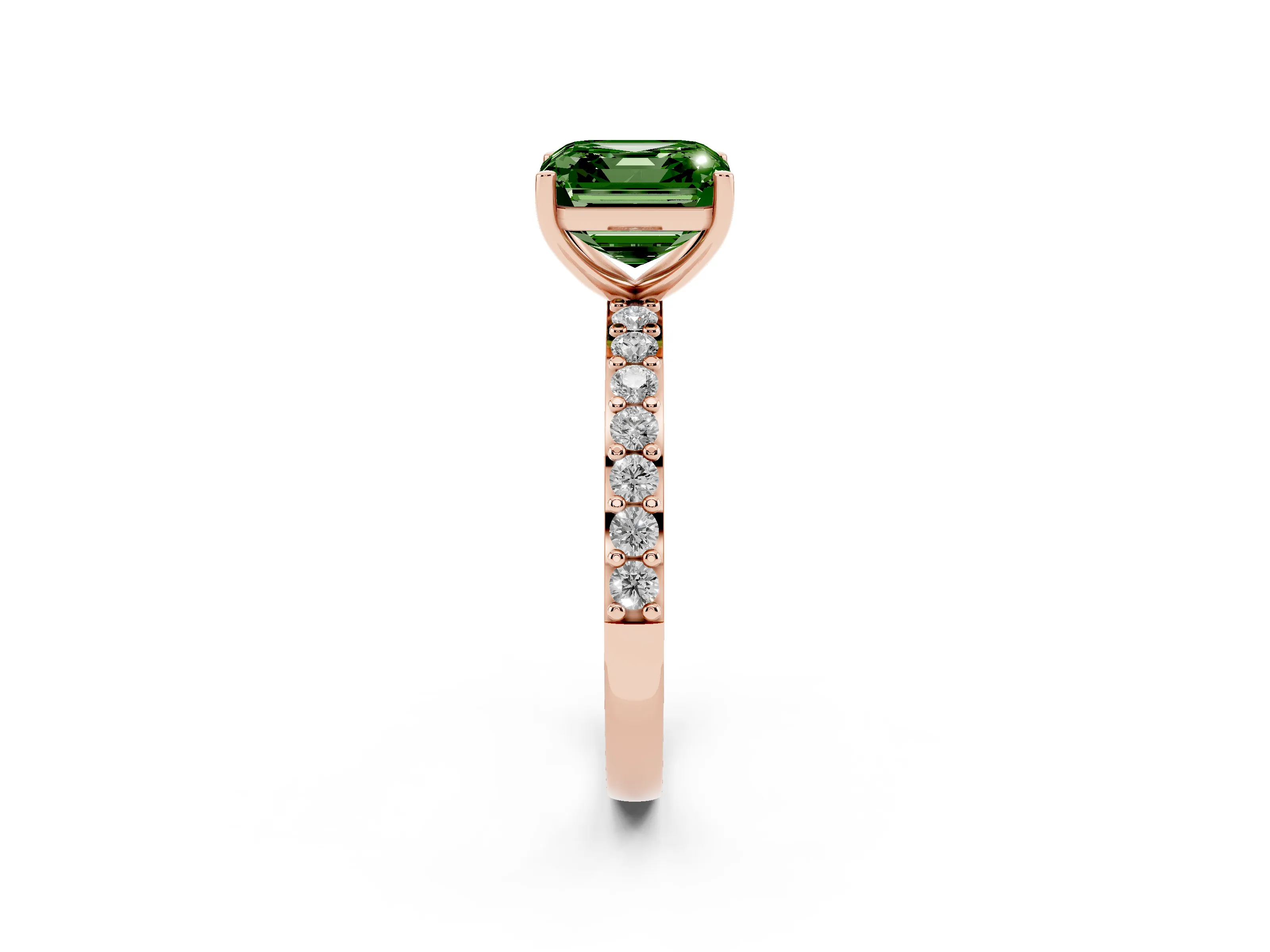 Fancy Green Asscher Cut Diamond Solitaire Set in Rose gold with Round Pavé Band and Prong Setting