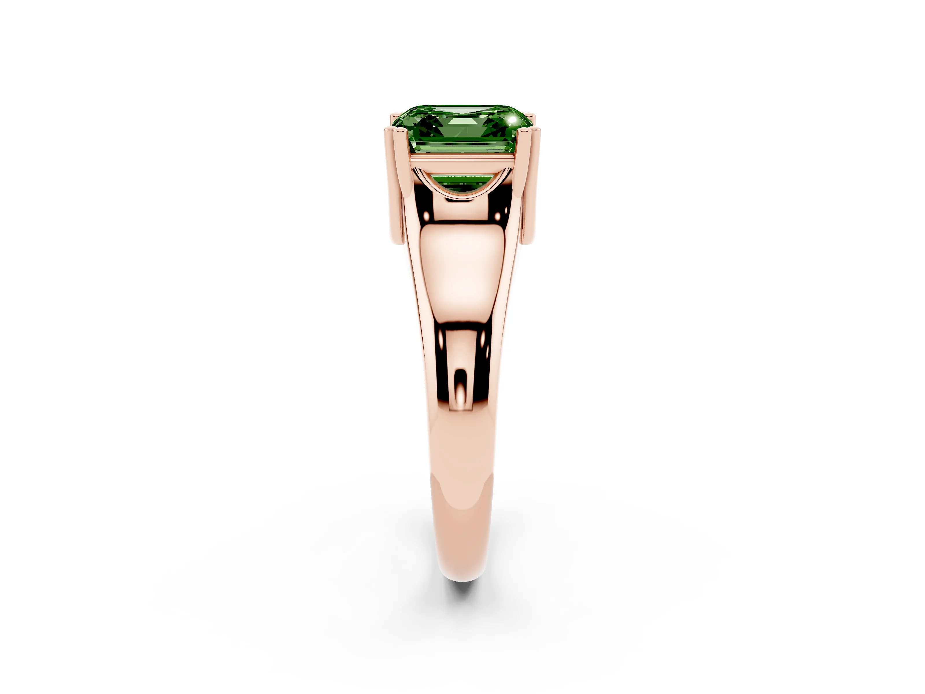 Fancy Green Asscher Cut Diamond Solitaire Ring Set in Rose gold with Wide Band and Prong Setting