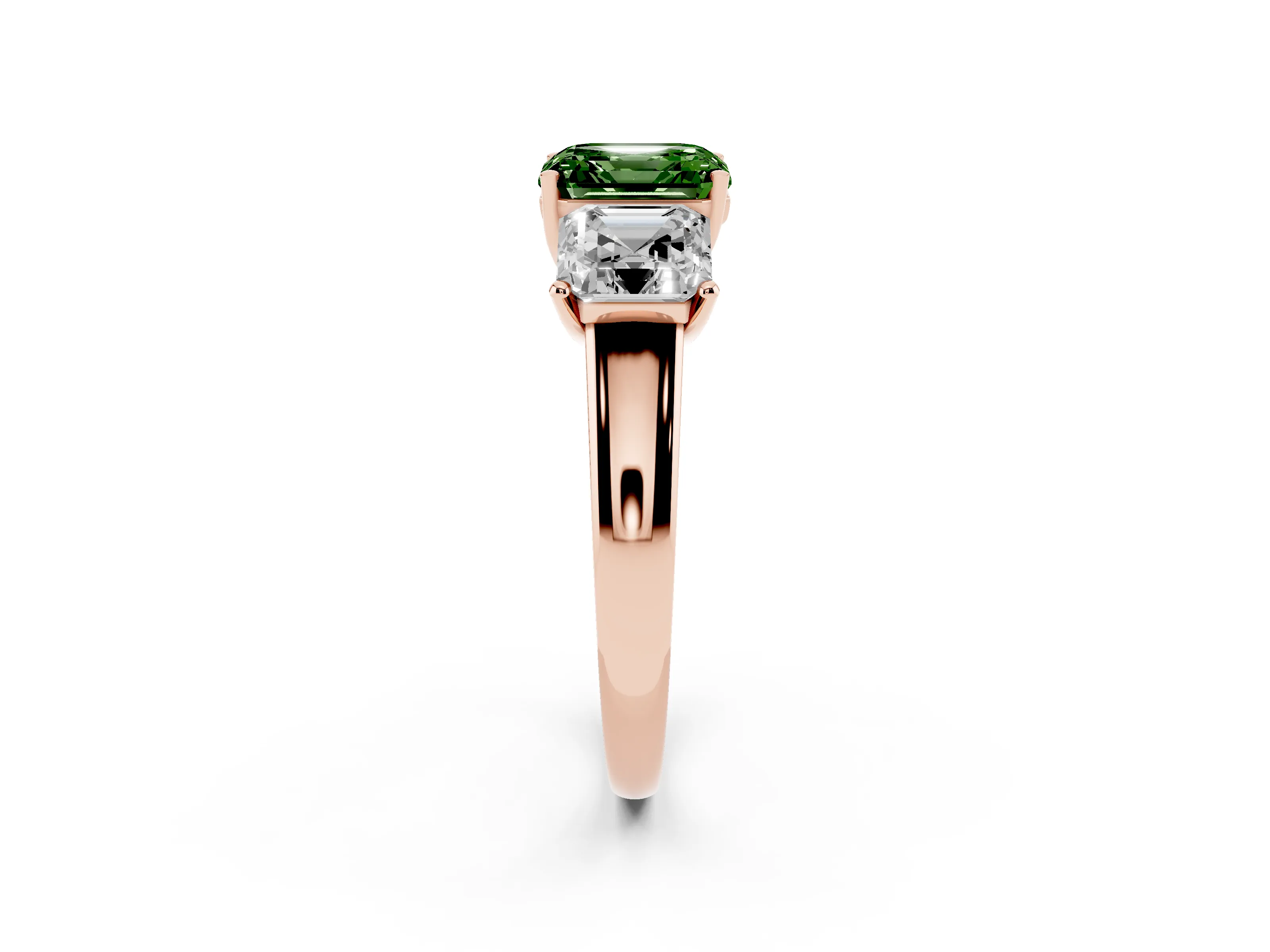Fancy Green Asscher Cut Diamond Three-Stone Ring Set in Rose gold with Classic Prong Setting and Plain Band