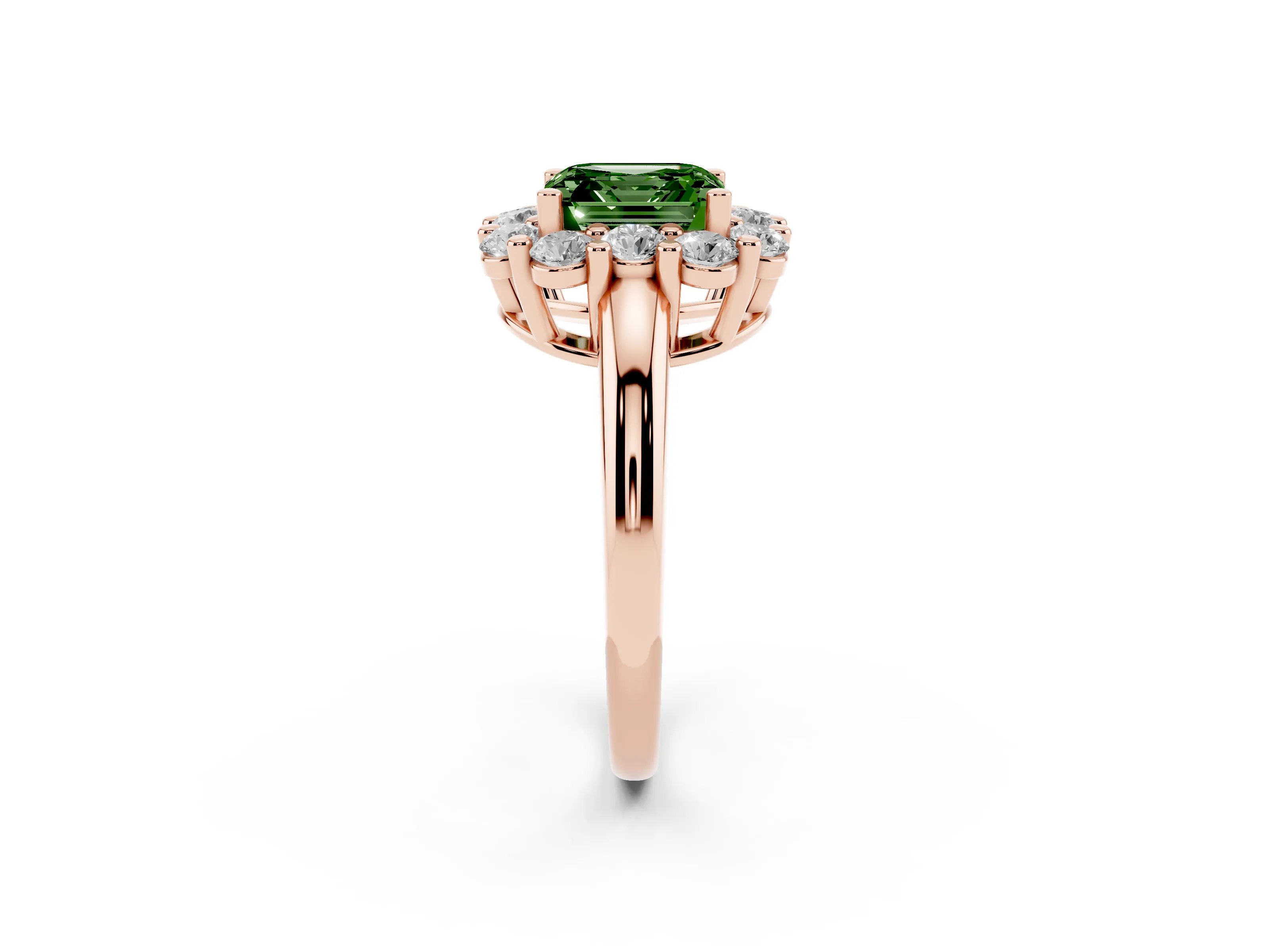 Fancy Green Asscher Cut Diamond Halo Cluster Engagement Ring Set in Rose gold with Polished Band and Prong Setting