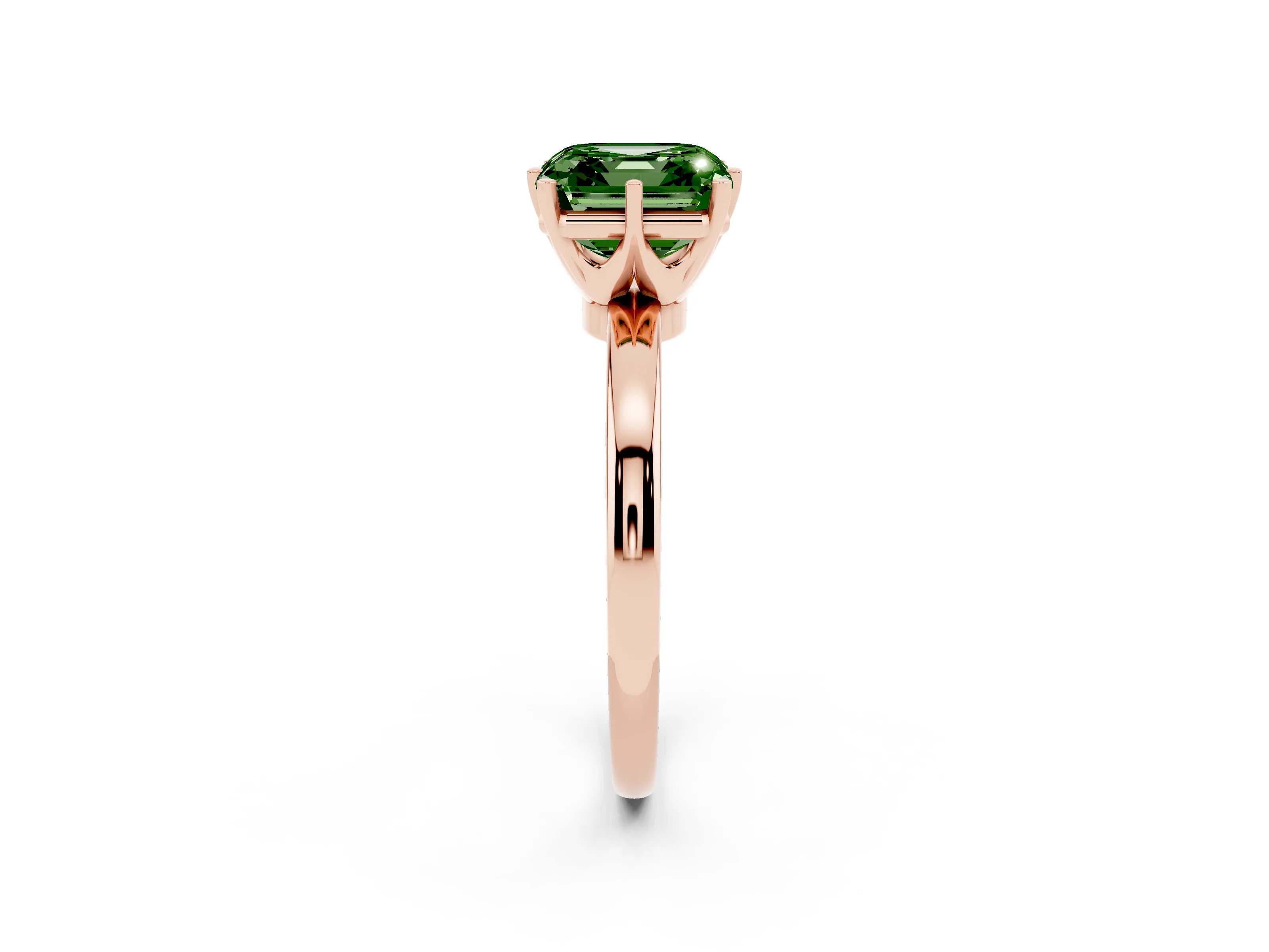 Fancy Green Asscher Cut Diamond Solitaire Ring Set in Rose gold with Raised Prong Setting on a Classic Band