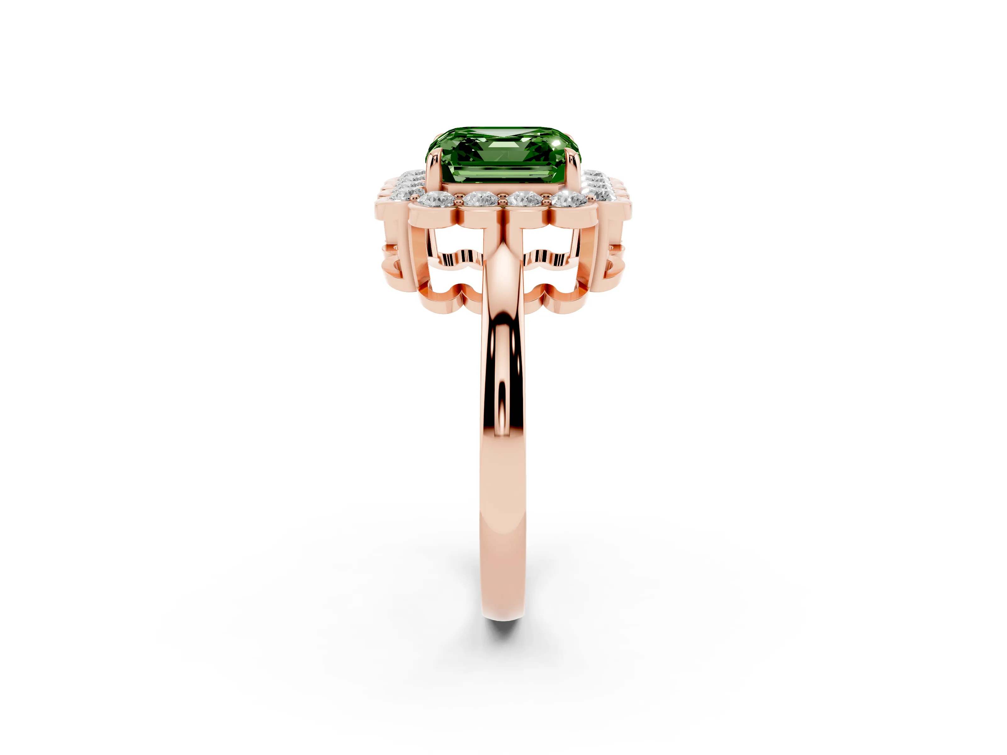 Fancy Green Asscher Cut Diamond Halo Cluster Engagement Ring Set in Rose gold with Solitaire Band and Prong Setting