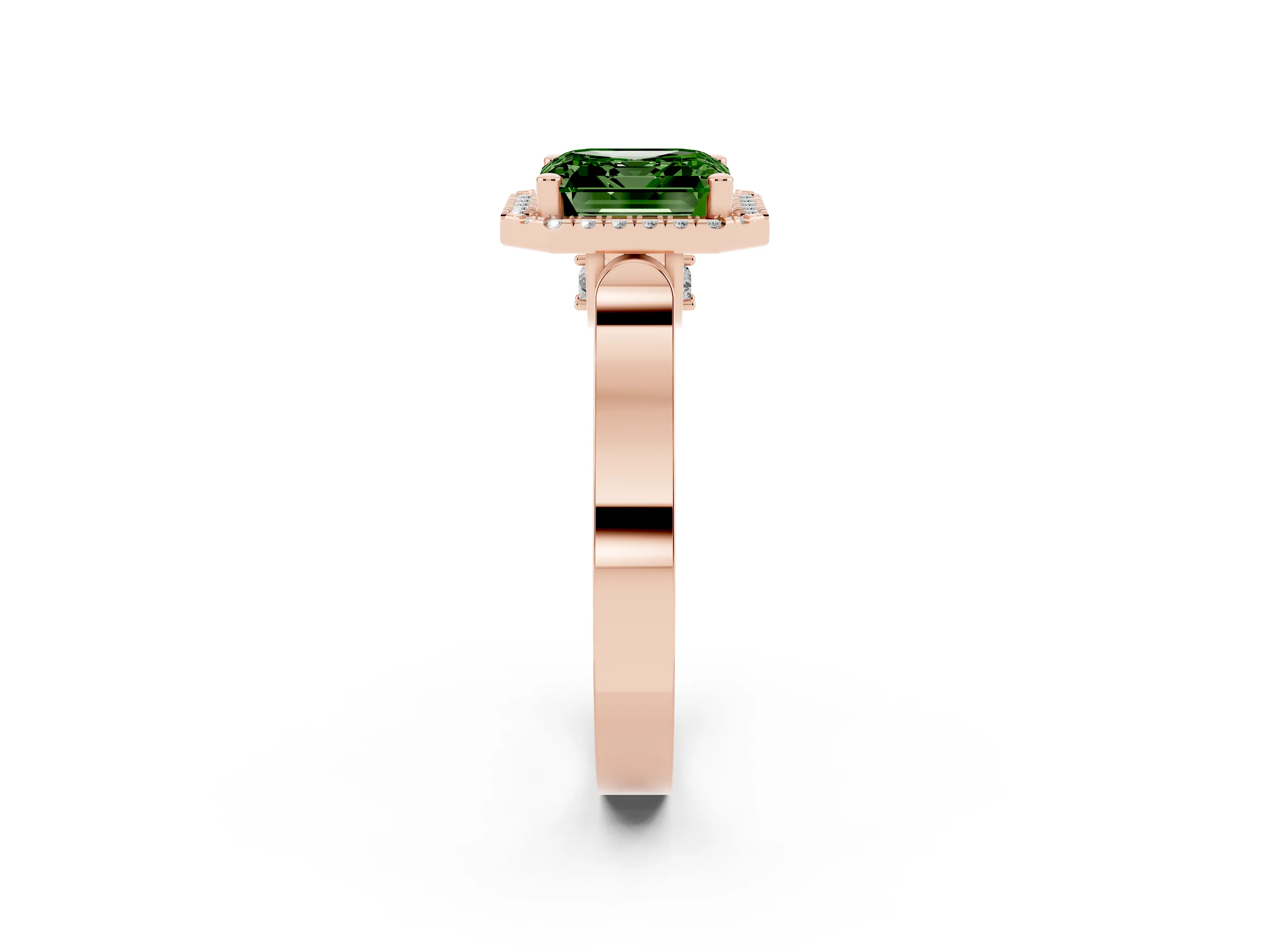 Fancy Green Asscher Cut Diamond Halo Ring Set in Rose gold with Pavé-Lined Split Shank Band