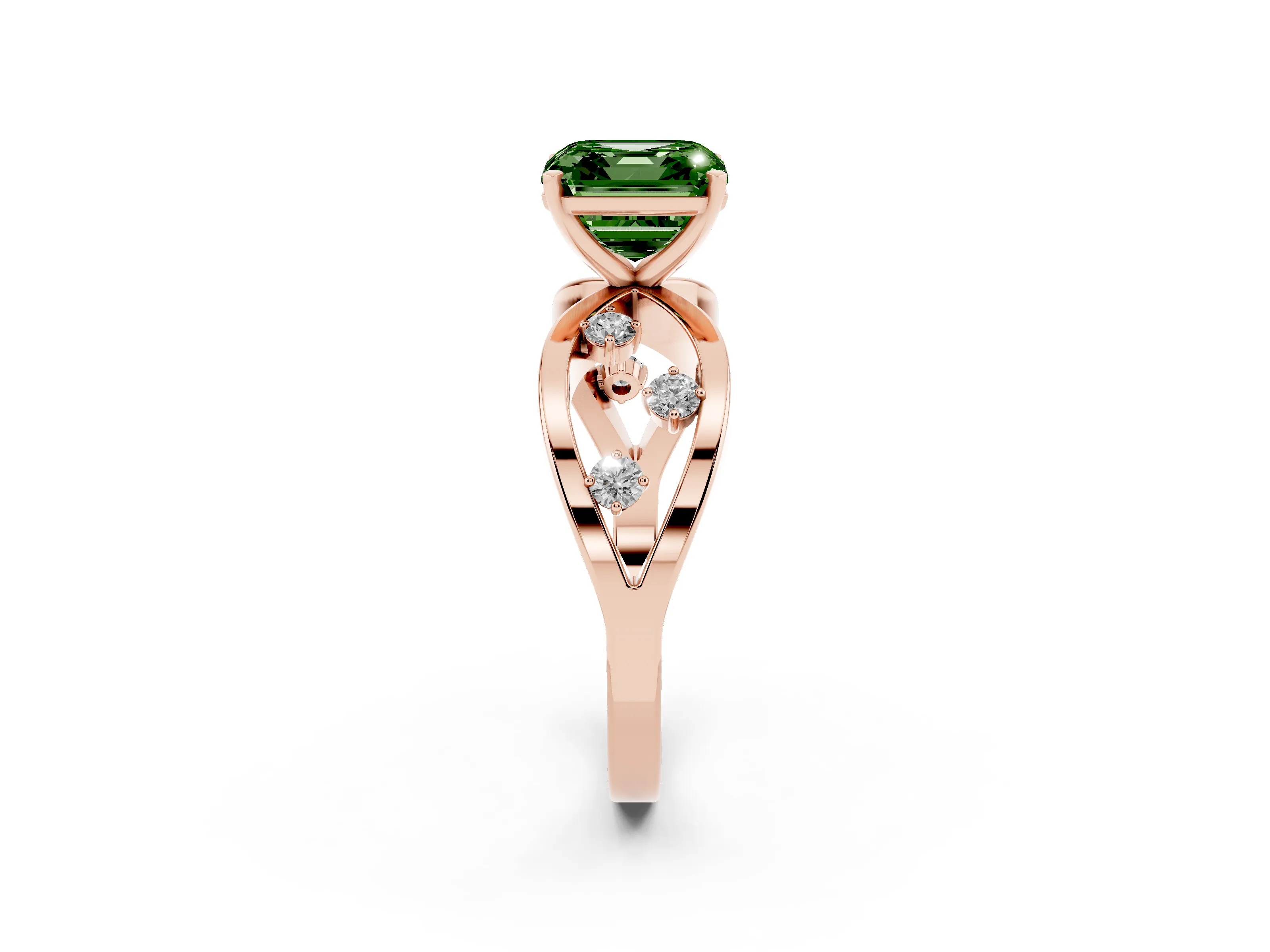 Fancy Green Asscher Cut Diamond Solitaire Ring Set in Rose gold with Side Stones on Criss-Cross Band and Prong Setting