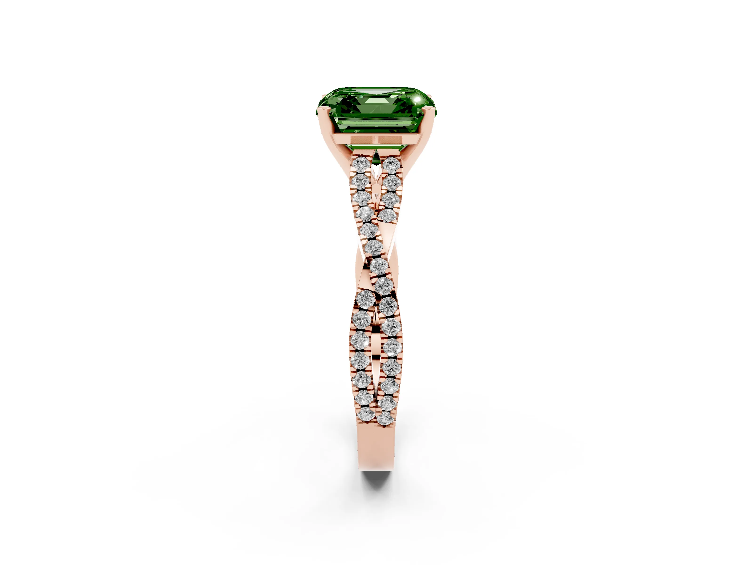 Fancy Green Asscher Cut Diamond Solitaire Engagement Ring Set in Rose gold with Twisted Pavé Band and Prong Setting