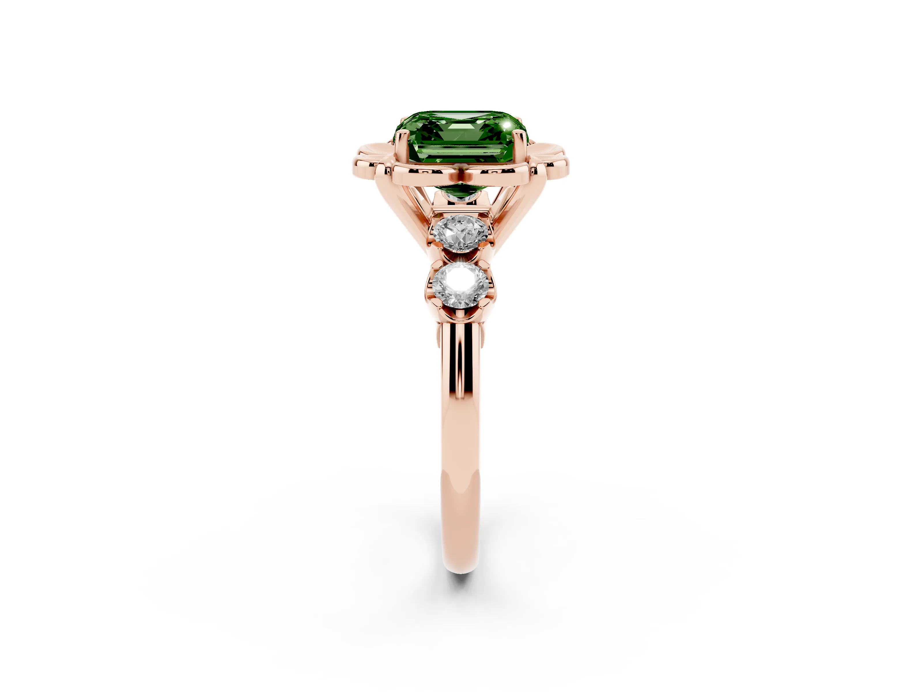 Fancy Green Asscher Cut Diamond Floral Halo Ring Set in Rose gold with Shared Prong Band