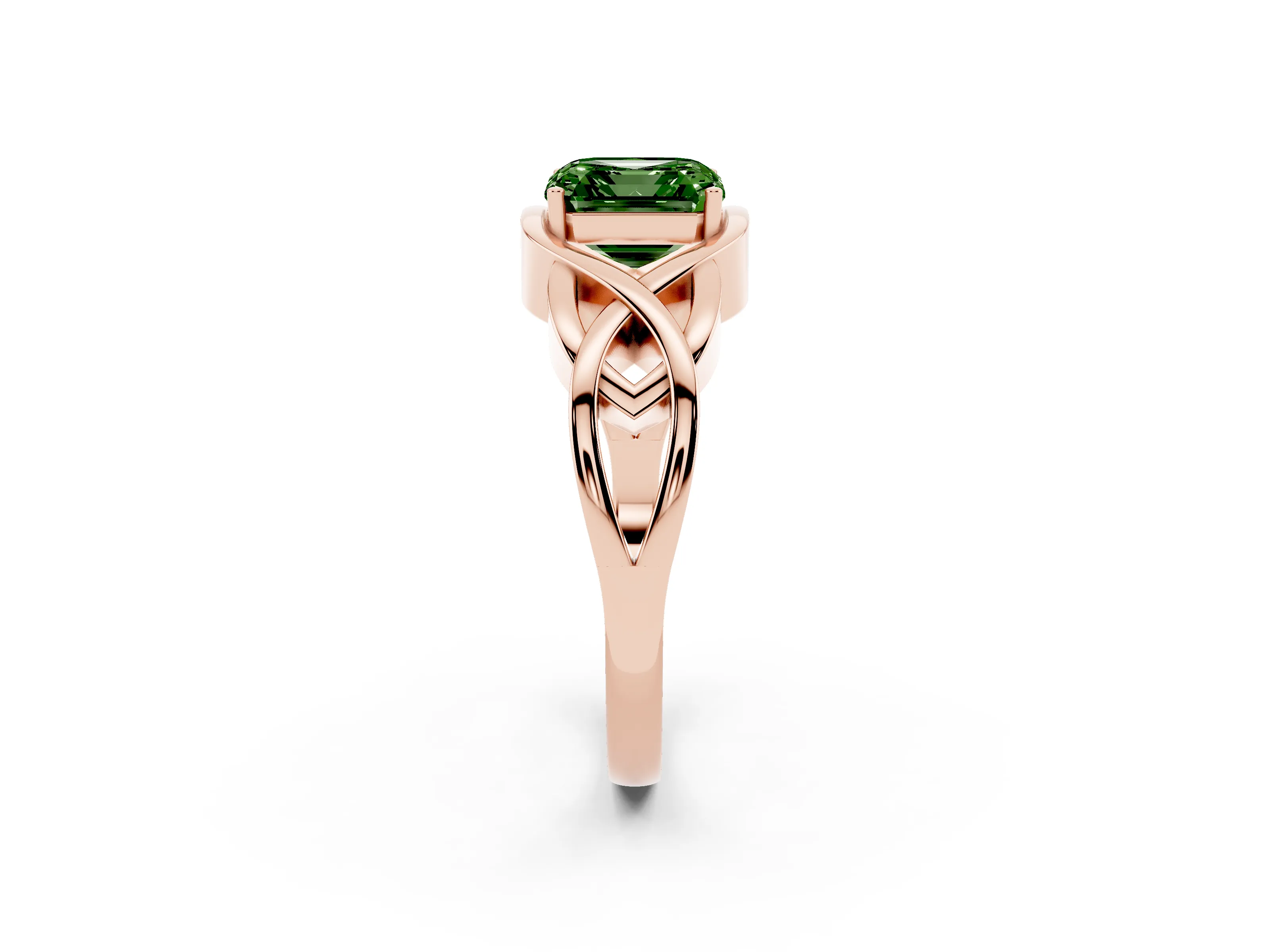 Fancy Green Asscher Cut Diamond Solitaire Ring Set in Rose gold with Intertwined Band