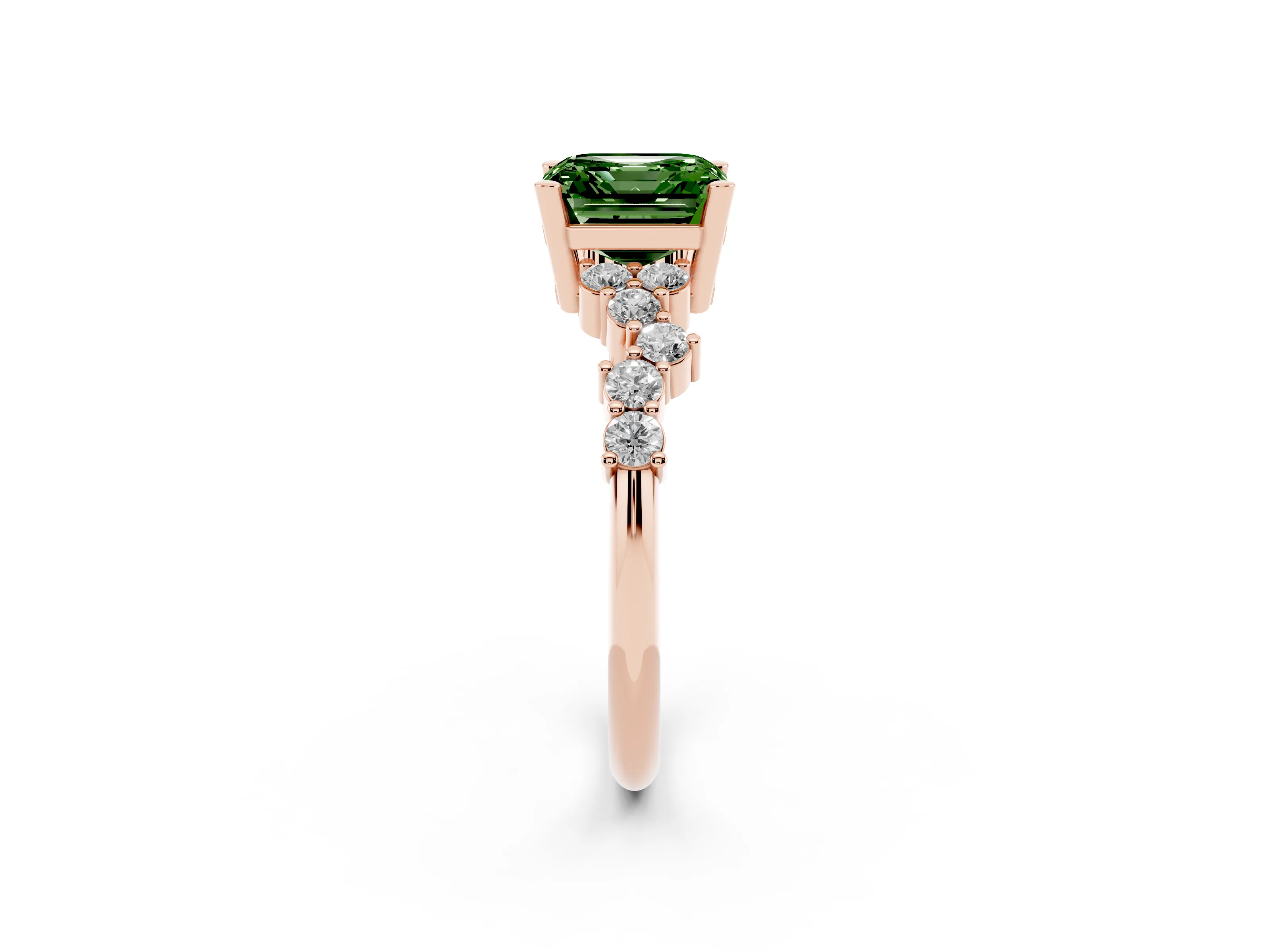 Fancy Green Asscher Cut Diamond Ring Set in Rose gold with Scattered Round Accents
