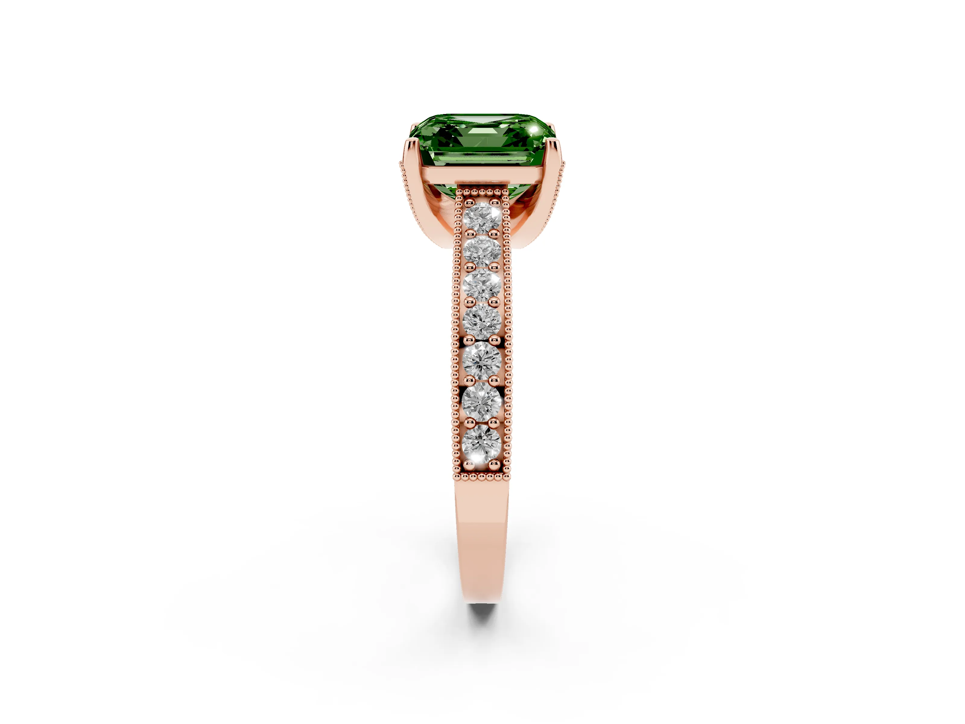 Fancy Green Asscher Cut Diamond Solitaire Ring Set in Rose gold with Milgrain-Edged Pavé Band and Prong Setting