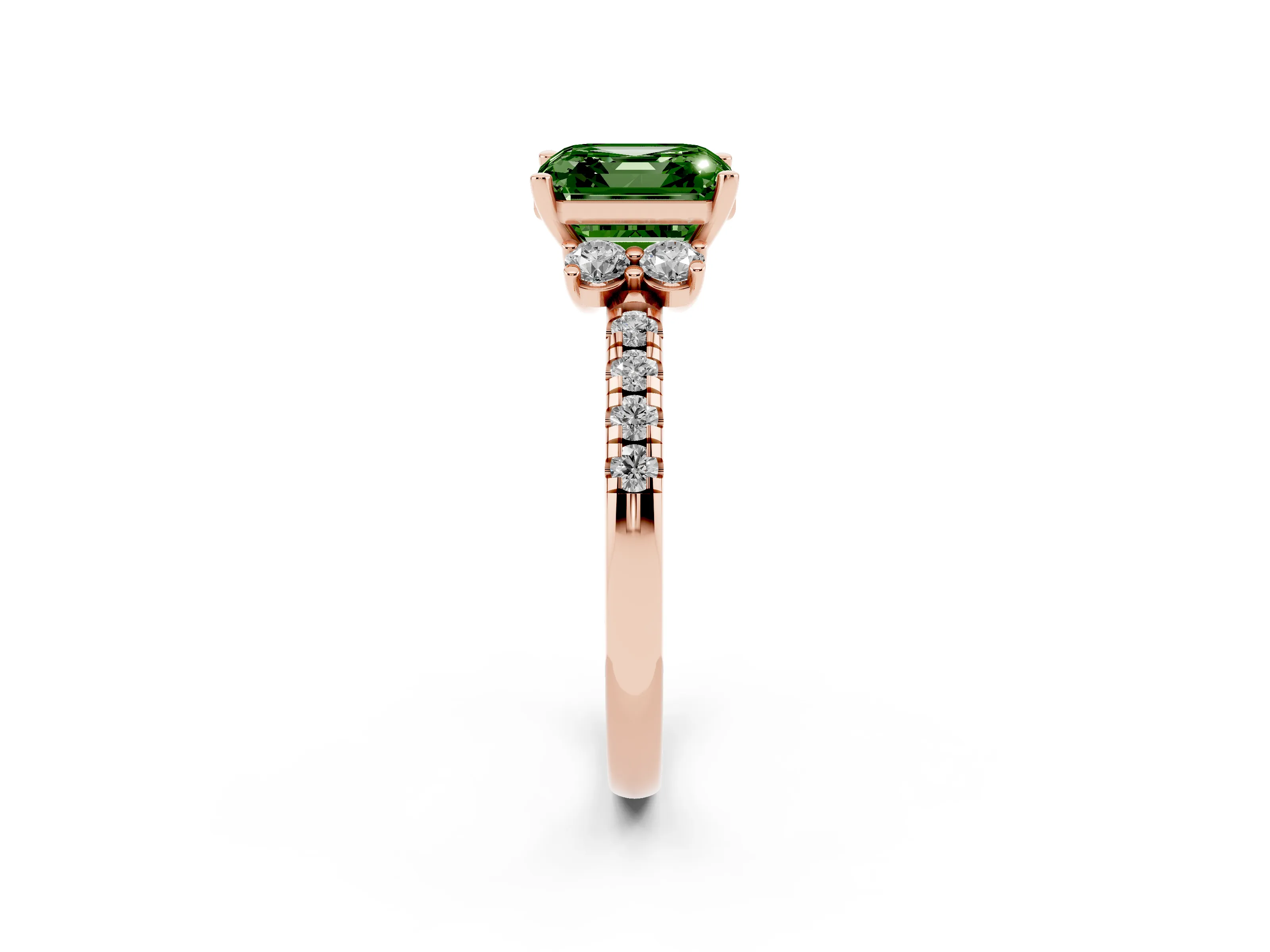Fancy Green Asscher Cut Diamond Three-Stone Pavé Ring Set in Rose gold with Prong Setting