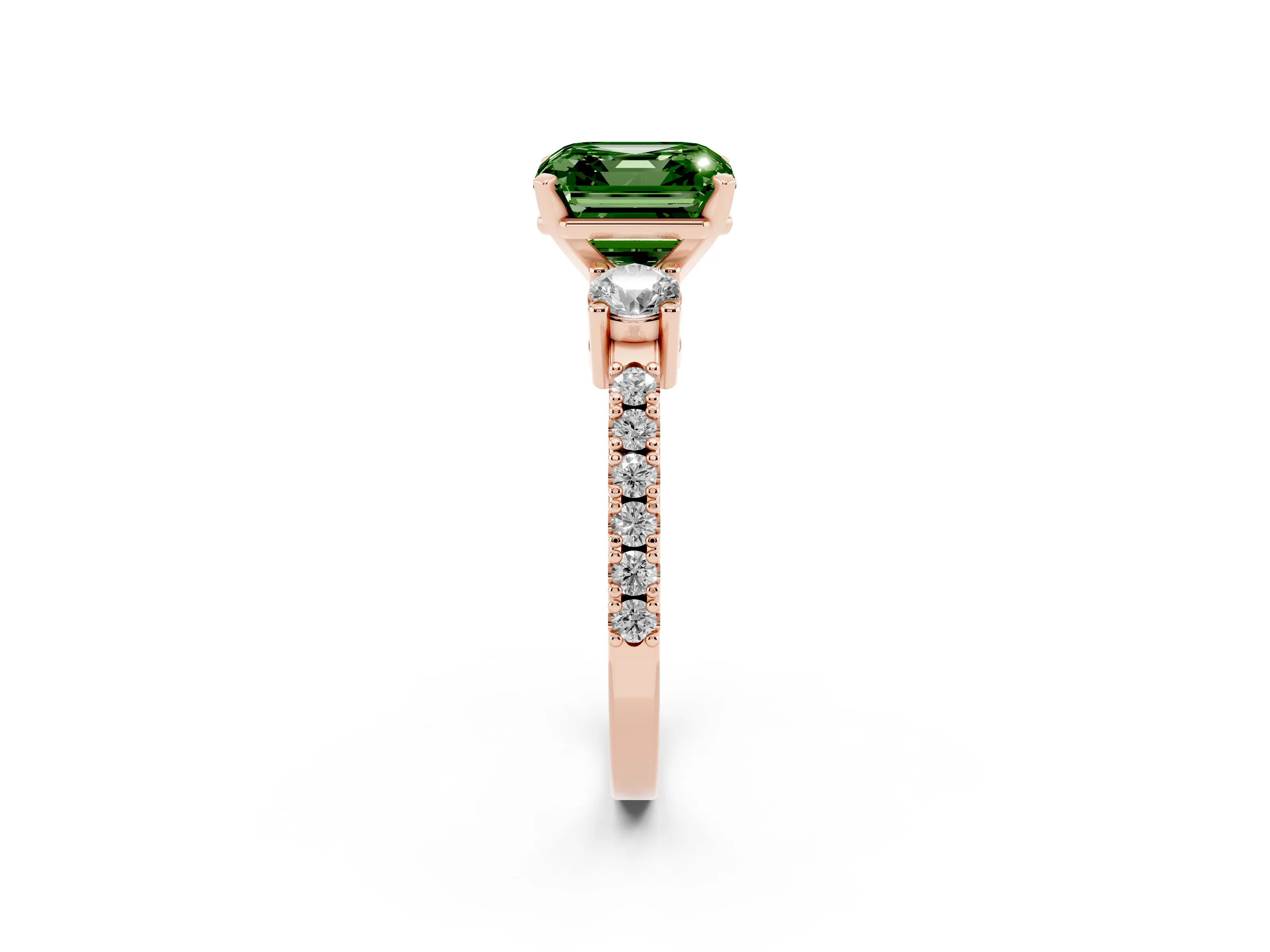 Fancy Green Three-Stone Asscher Cut Diamond Pavé Band Ring Set in Rose gold with Prong Setting