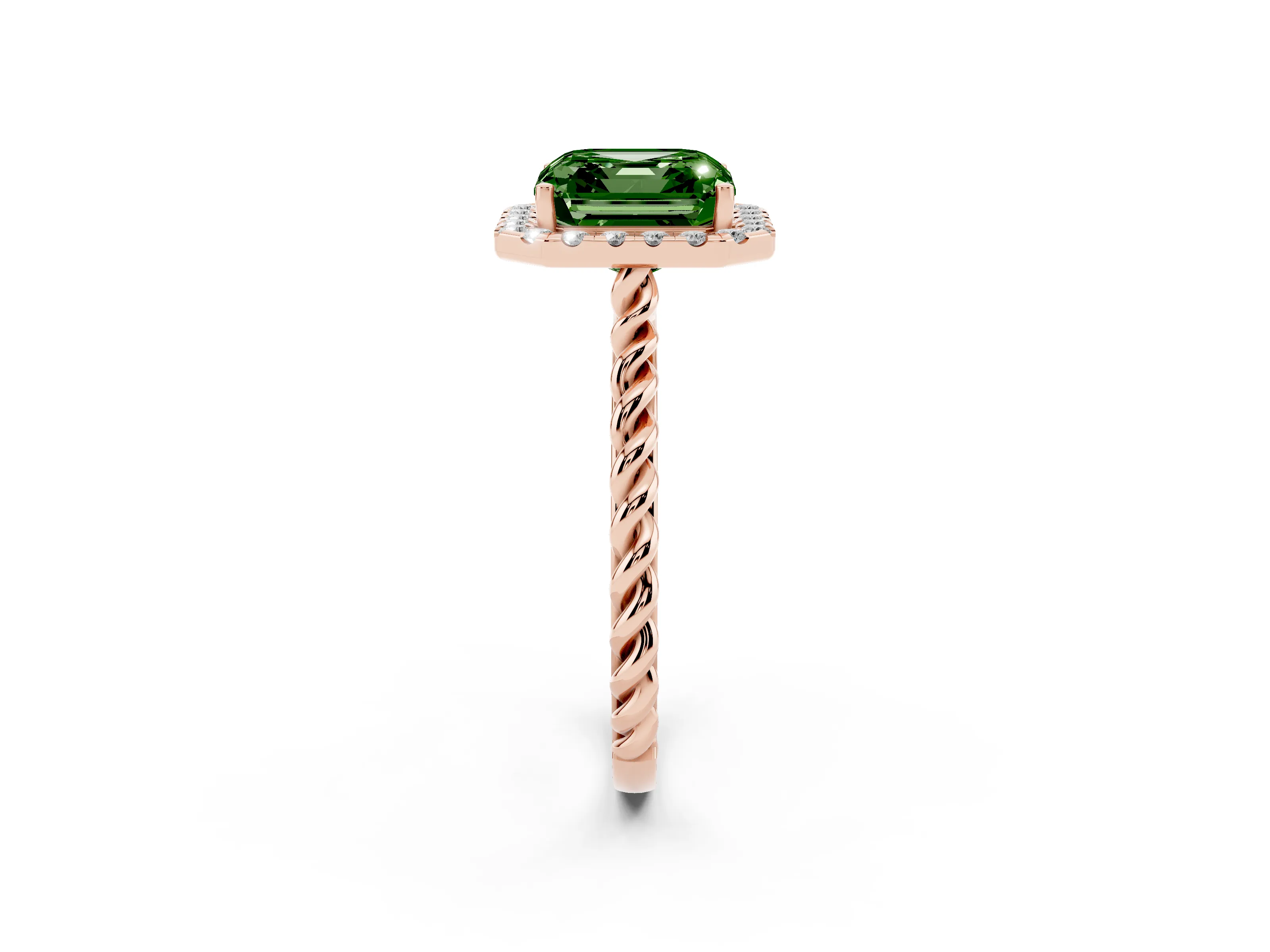 Fancy Green Asscher Cut Diamond Halo Ring Set in Rose gold with Plain Twisted Band