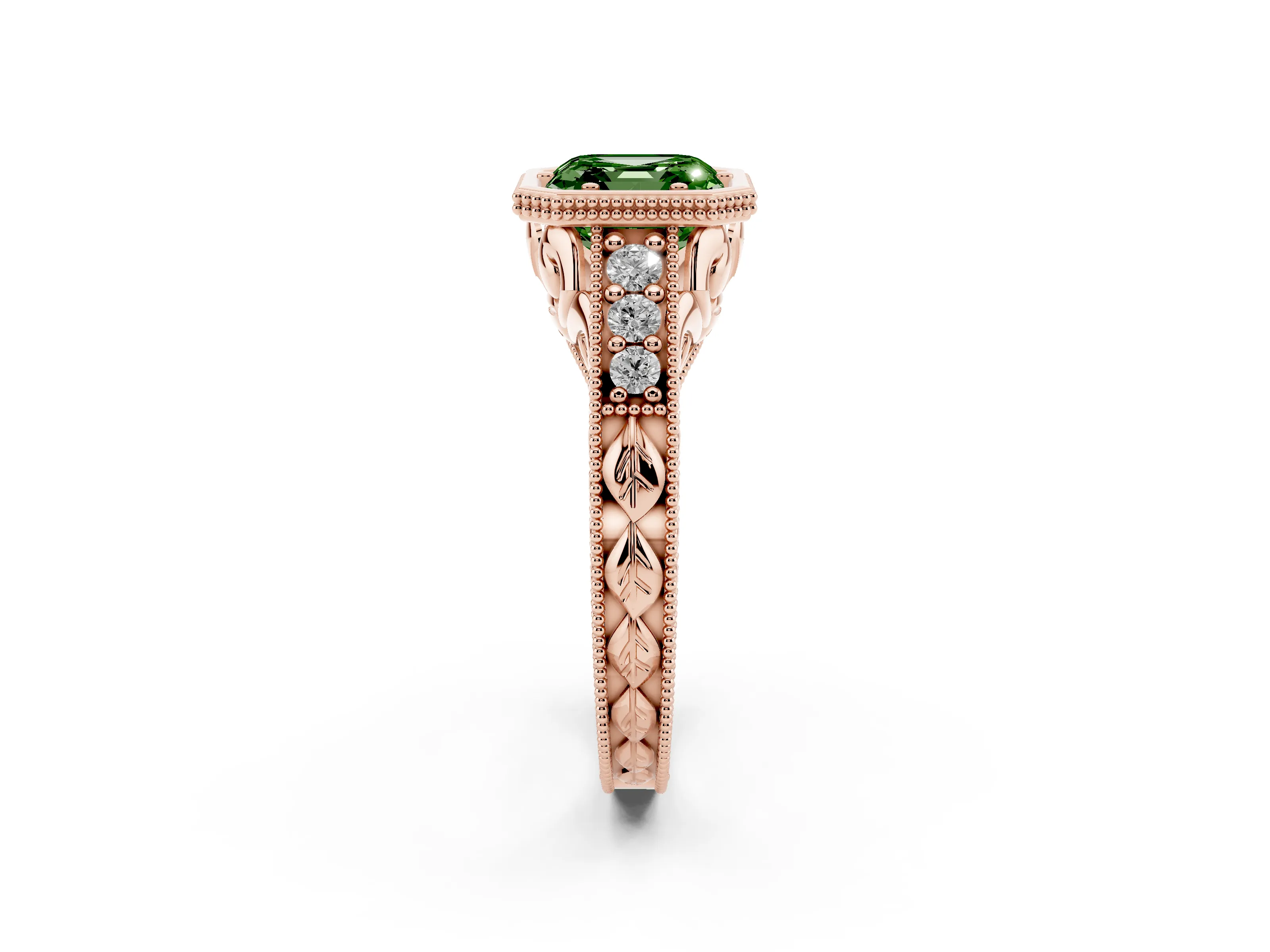 Fancy Green Bezel Set Asscher Cut Diamond Milgrain Pavé Engagement Ring Set in Rose gold