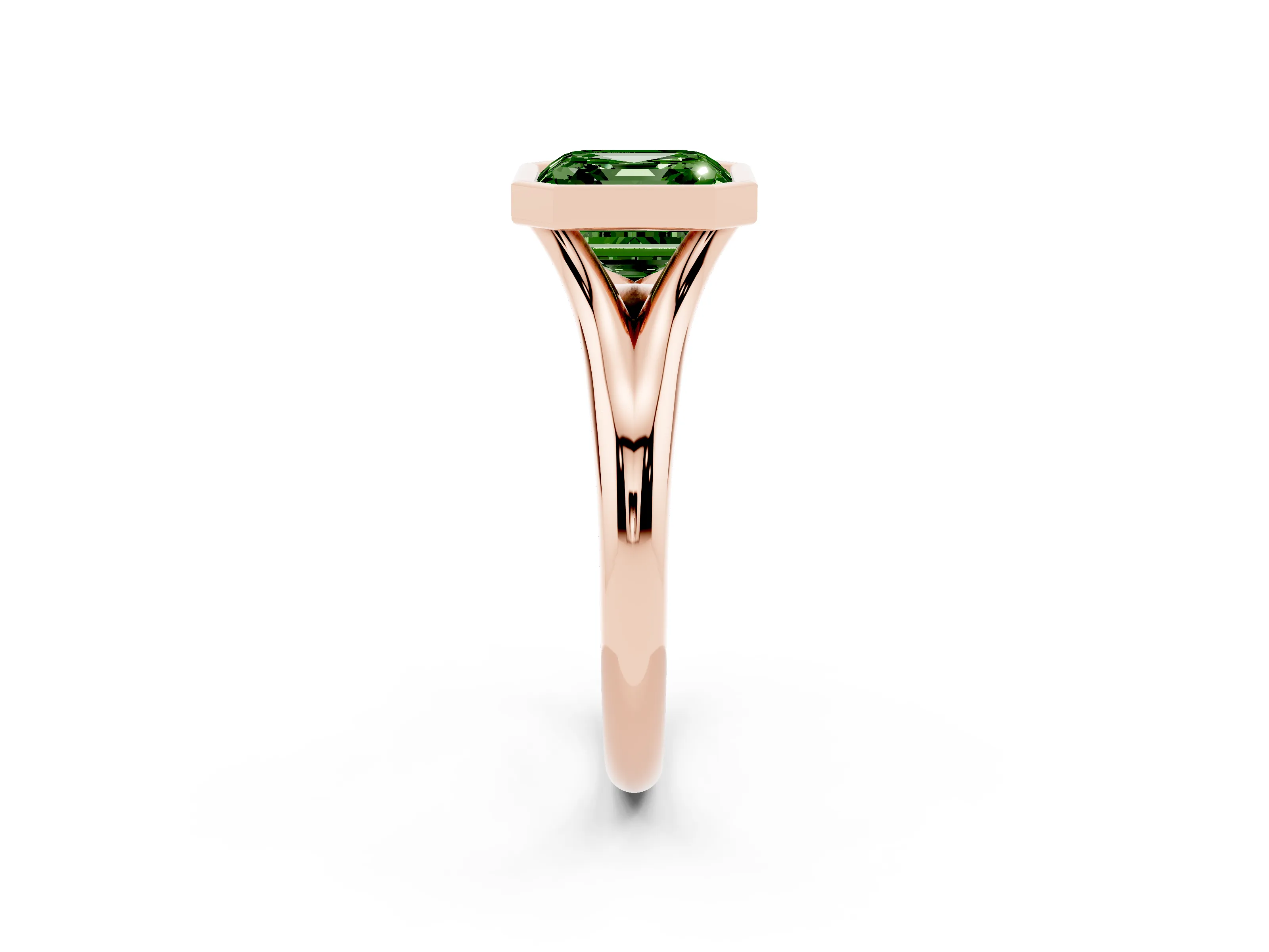 Fancy Green Bezel Set Asscher Cut Diamond Solitaire Ring Set in Rose gold with Smooth Band