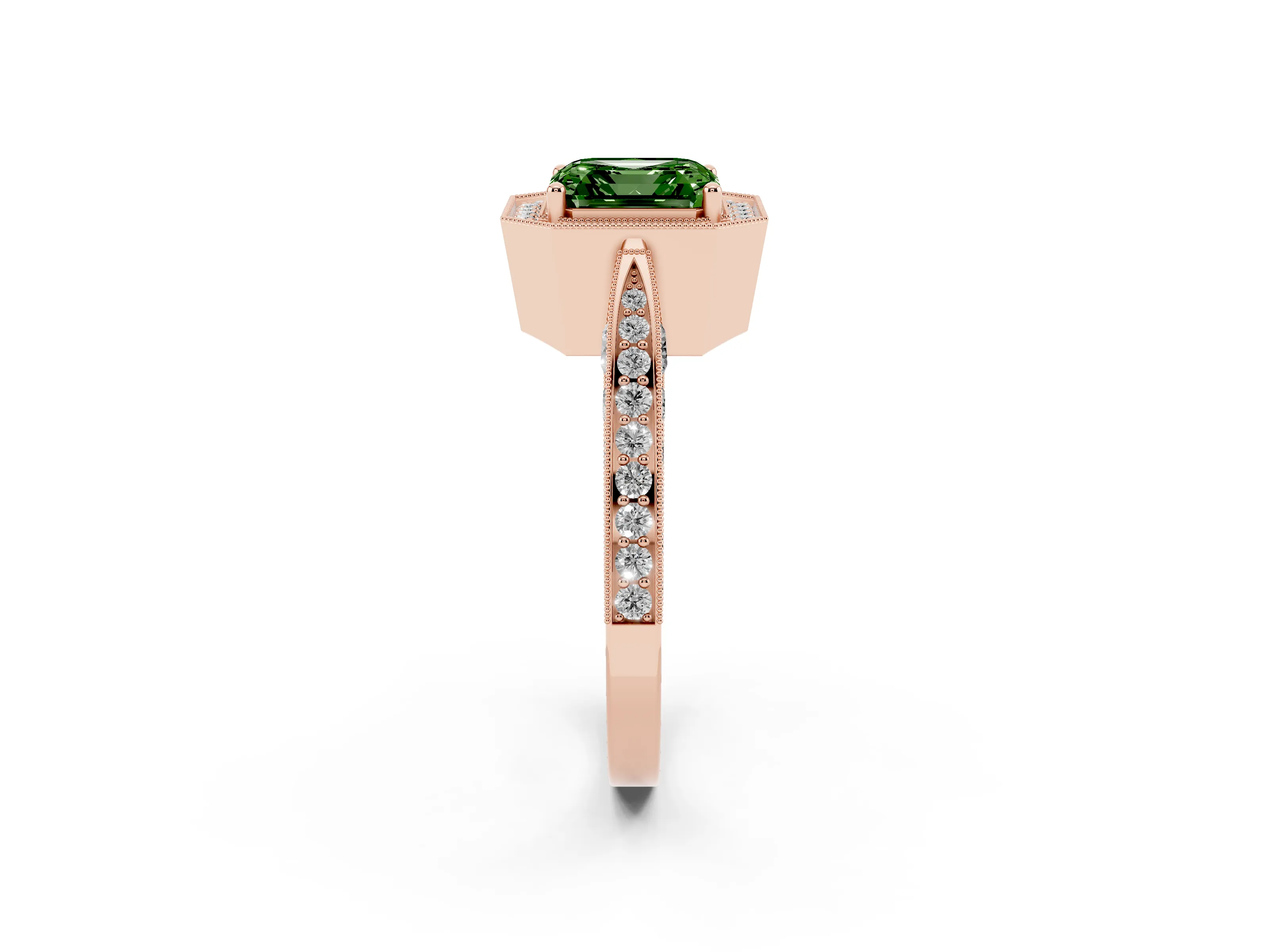 Fancy Green Asscher Cut Diamond Halo Engagement Ring Set in Rose gold with Accent Split Shank Band