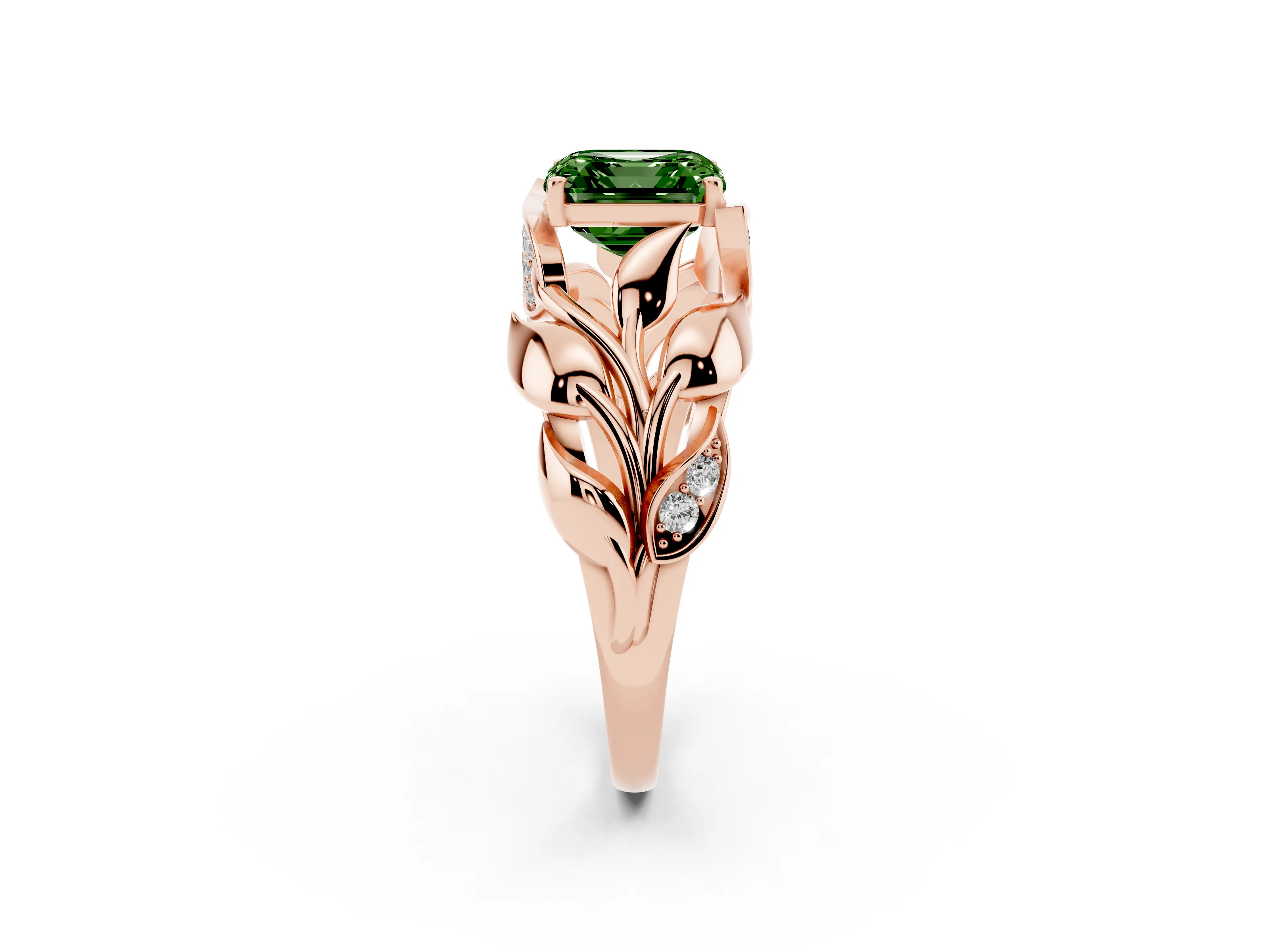 Fancy Green Asscher Cut Diamond Leaf-Inspired Engagement Ring Set in Rose gold with Round Accents