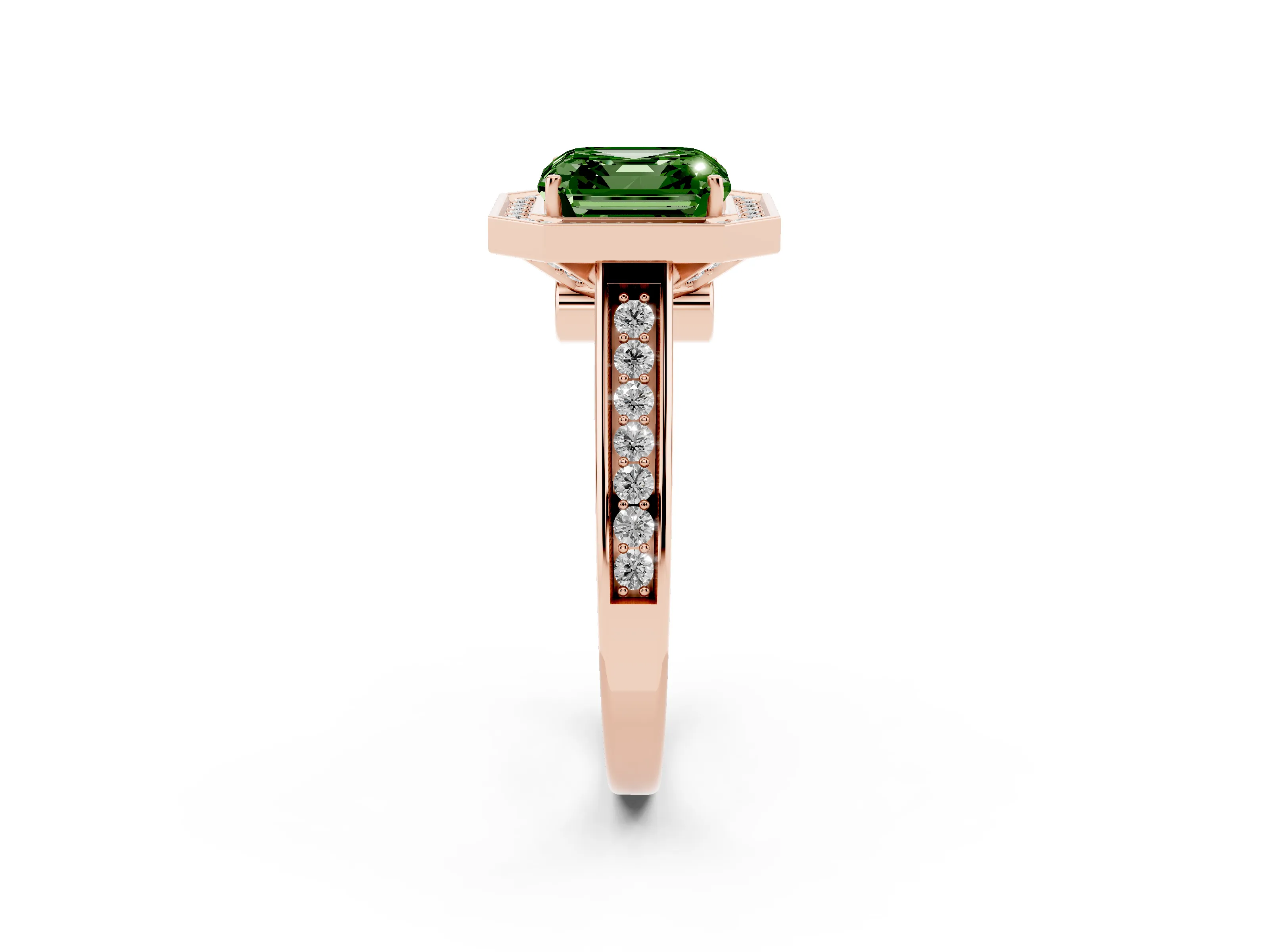 Fancy Green Asscher Cut Diamond Halo Solitaire Ring Set in Rose gold with Pavé Band and Bezel Setting