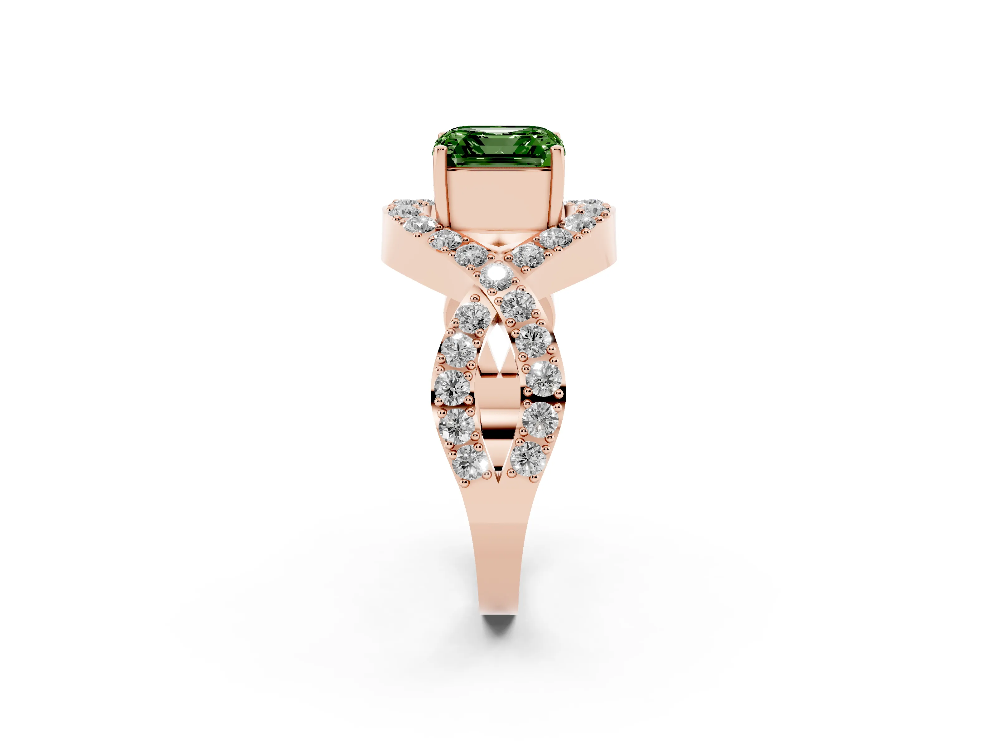 Fancy Green Asscher Cut Diamond Solitaire Twist Band Pavé Engagement Ring Set in Rose gold