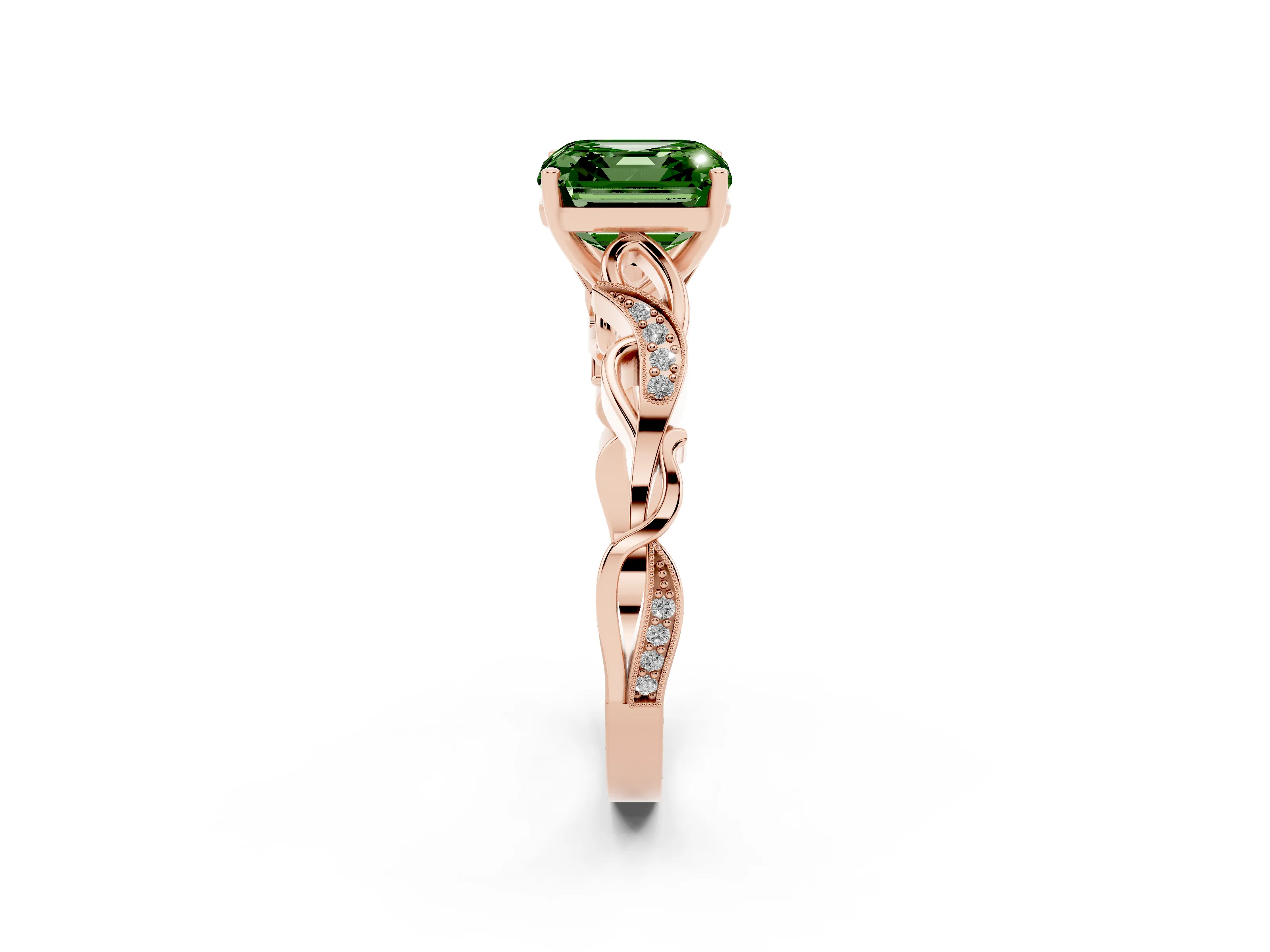 Fancy Green Asscher Cut Diamond Vine Band Solitaire Ring Set in Rose gold with Milgrain Prong Setting