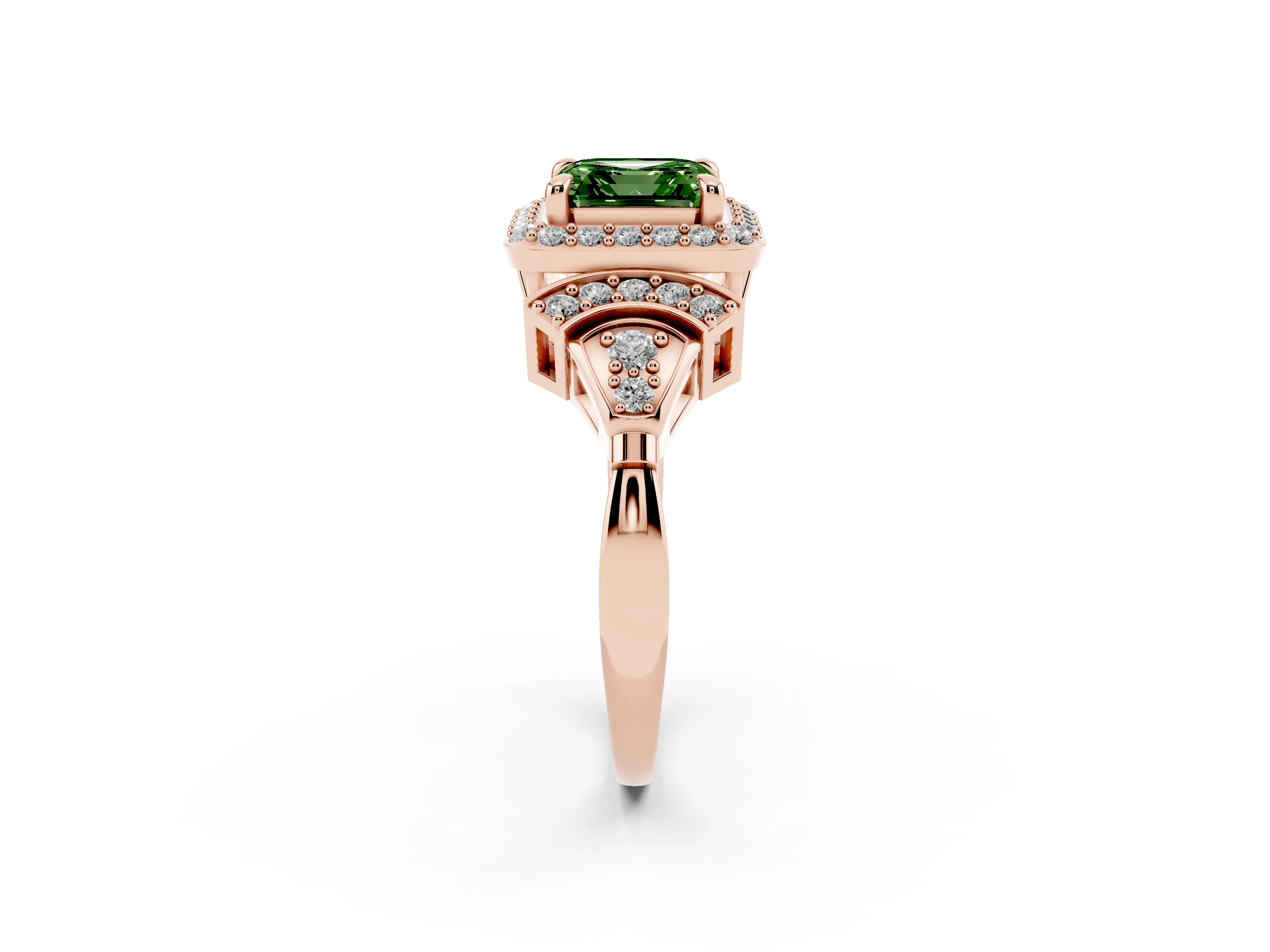 Fancy Green Asscher Cut Diamond Halo Engagement Ring Set in Rose gold with Accent Stone Split Shank