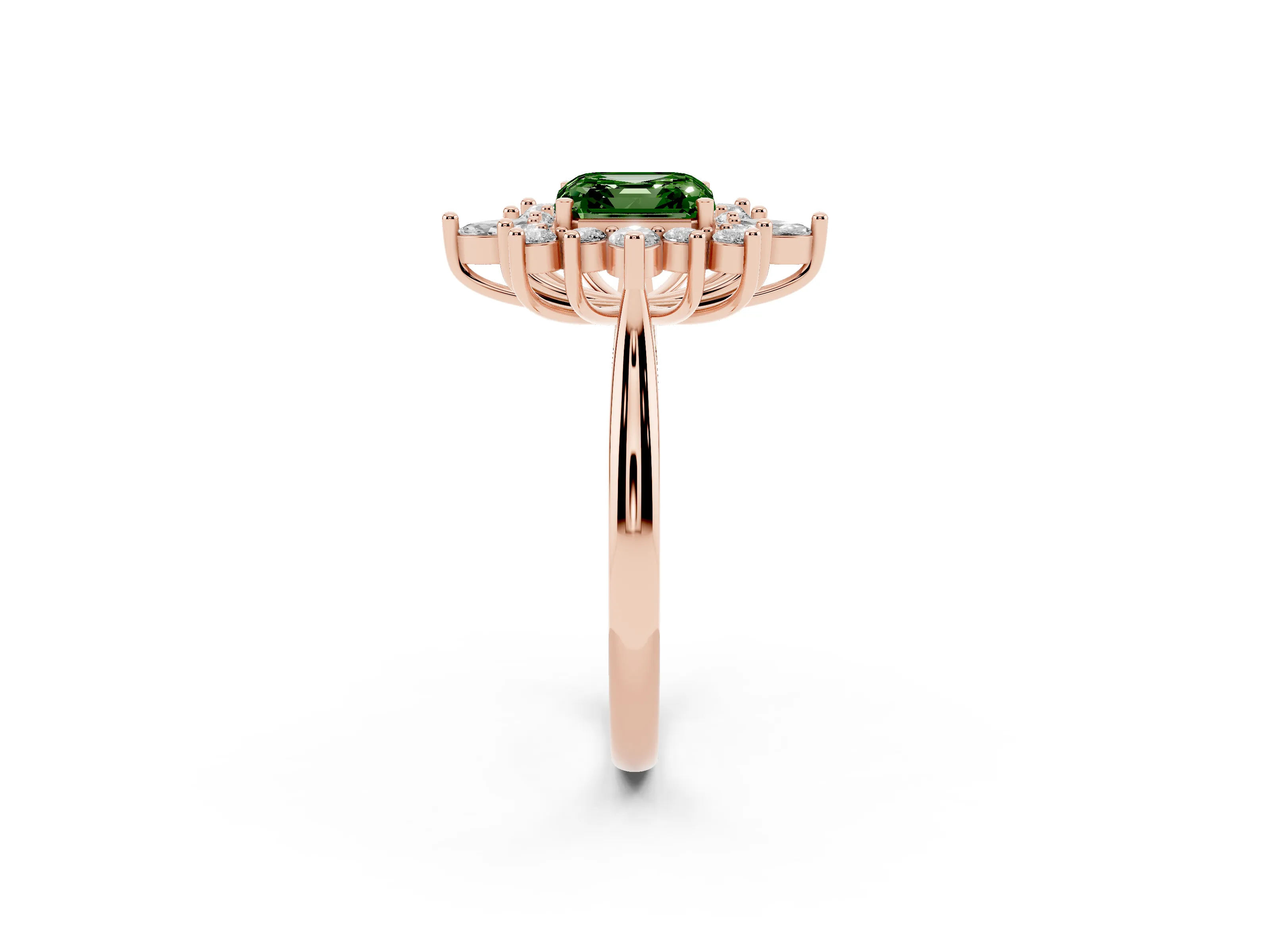 Fancy Green Asscher Cut Diamond Cluster Halo Ring Set in Rose gold with Marquise and Round Accents