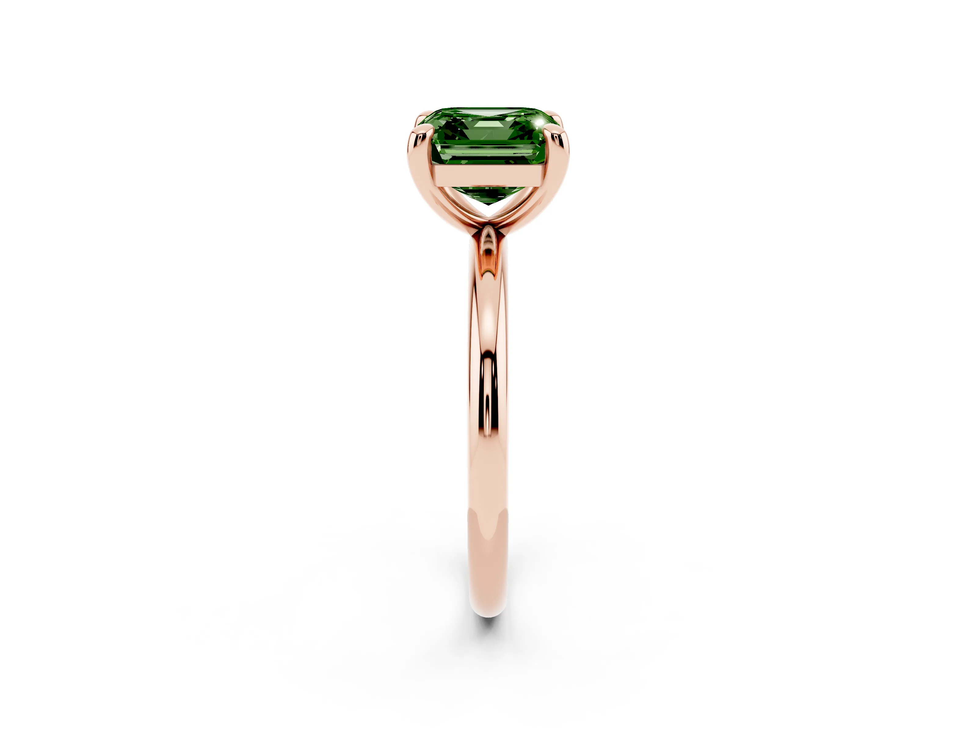 Fancy Green Asscher Cut Diamond Solitaire Ring Set in Rose gold with Prong Setting on a Polished Plain Band