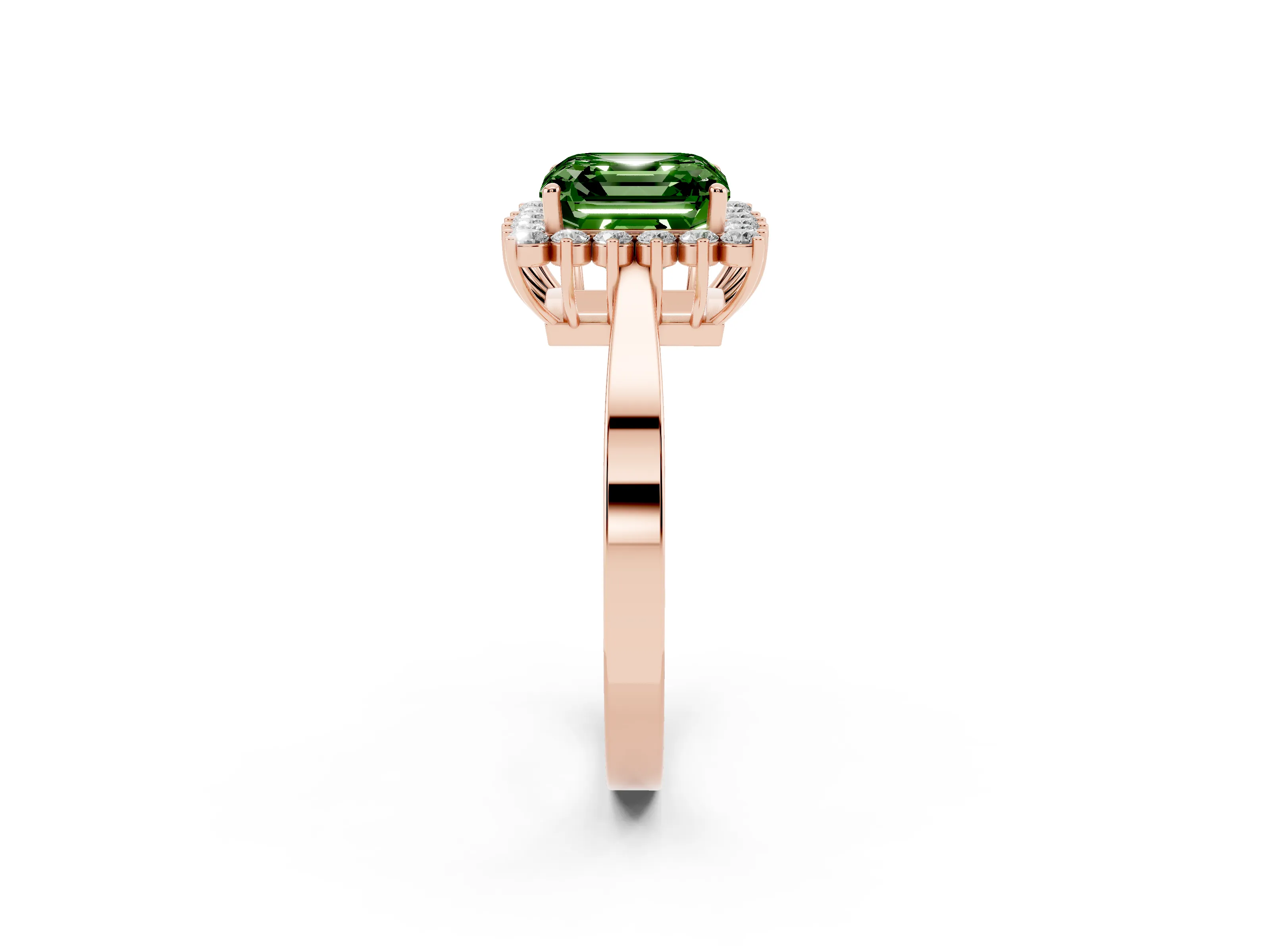 Fancy Green Asscher Cut Diamond Halo Ring Set in Rose gold with Round Halo and Smooth Solitaire Band