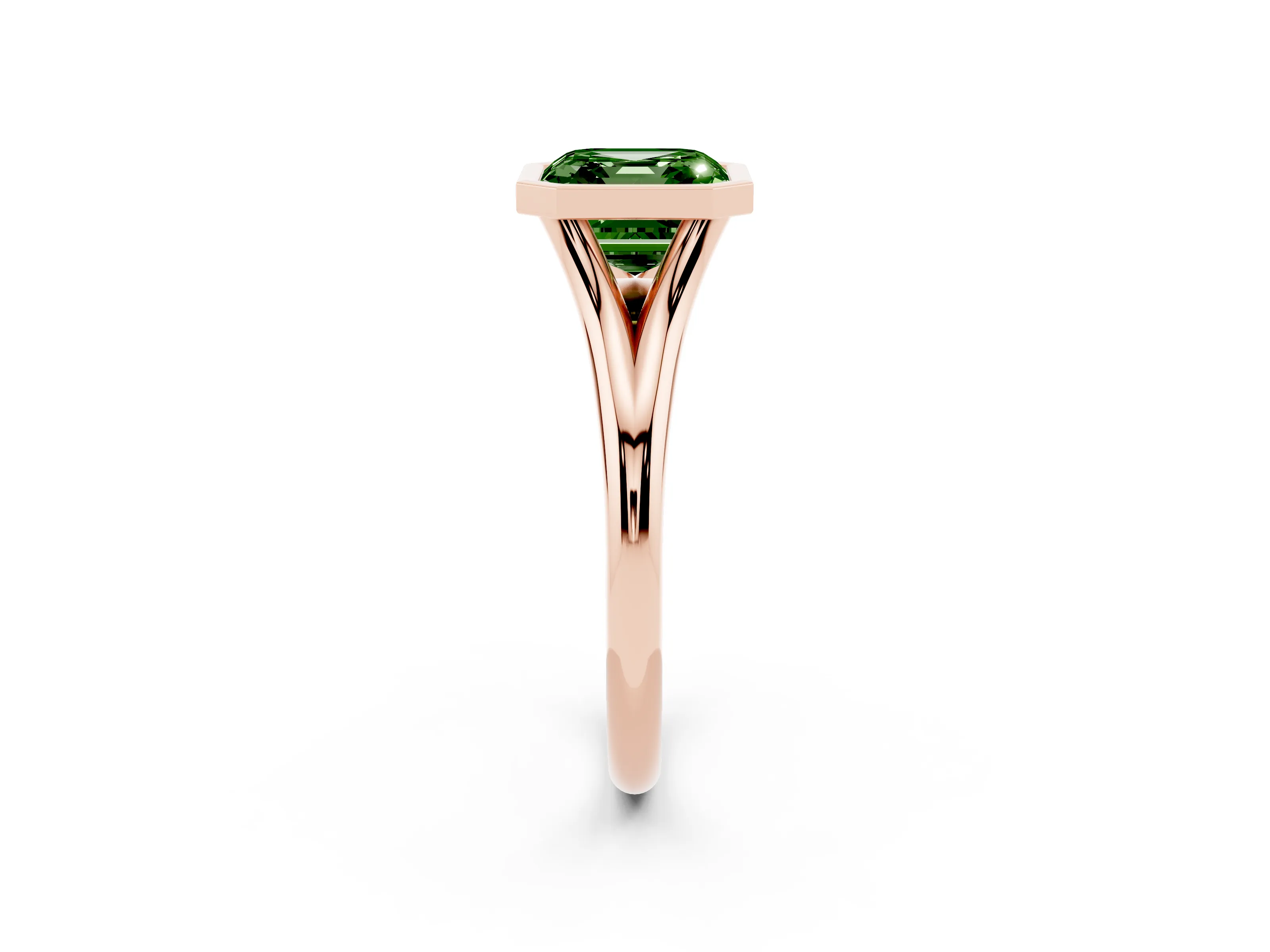 Fancy Green Bezel Set Asscher Cut Diamond Solitaire Ring Set in Rose gold with Tapered Band