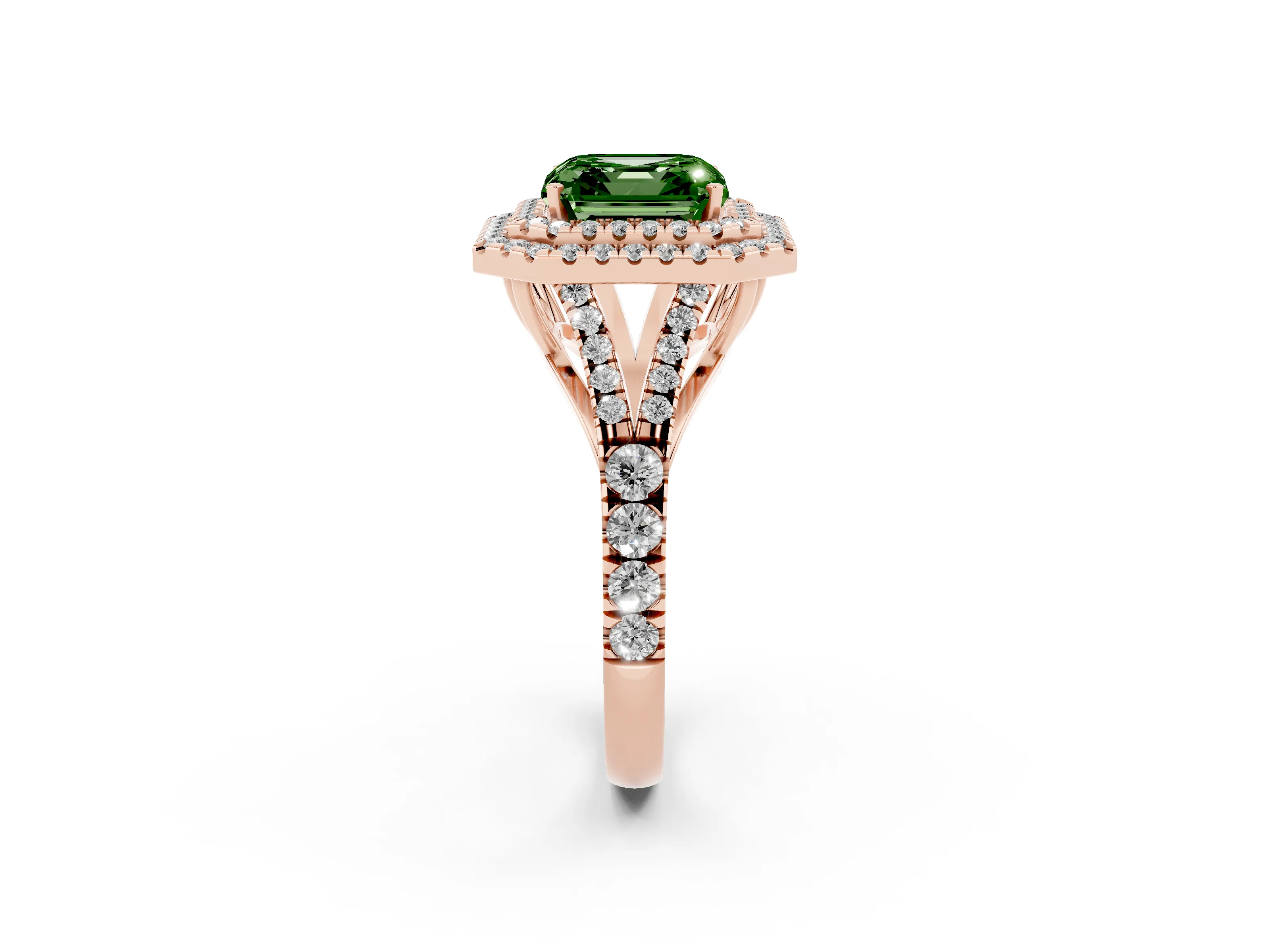 Fancy Green Asscher Cut Diamond Pavé Split Shank Double Halo Engagement Ring Set in Rose gold