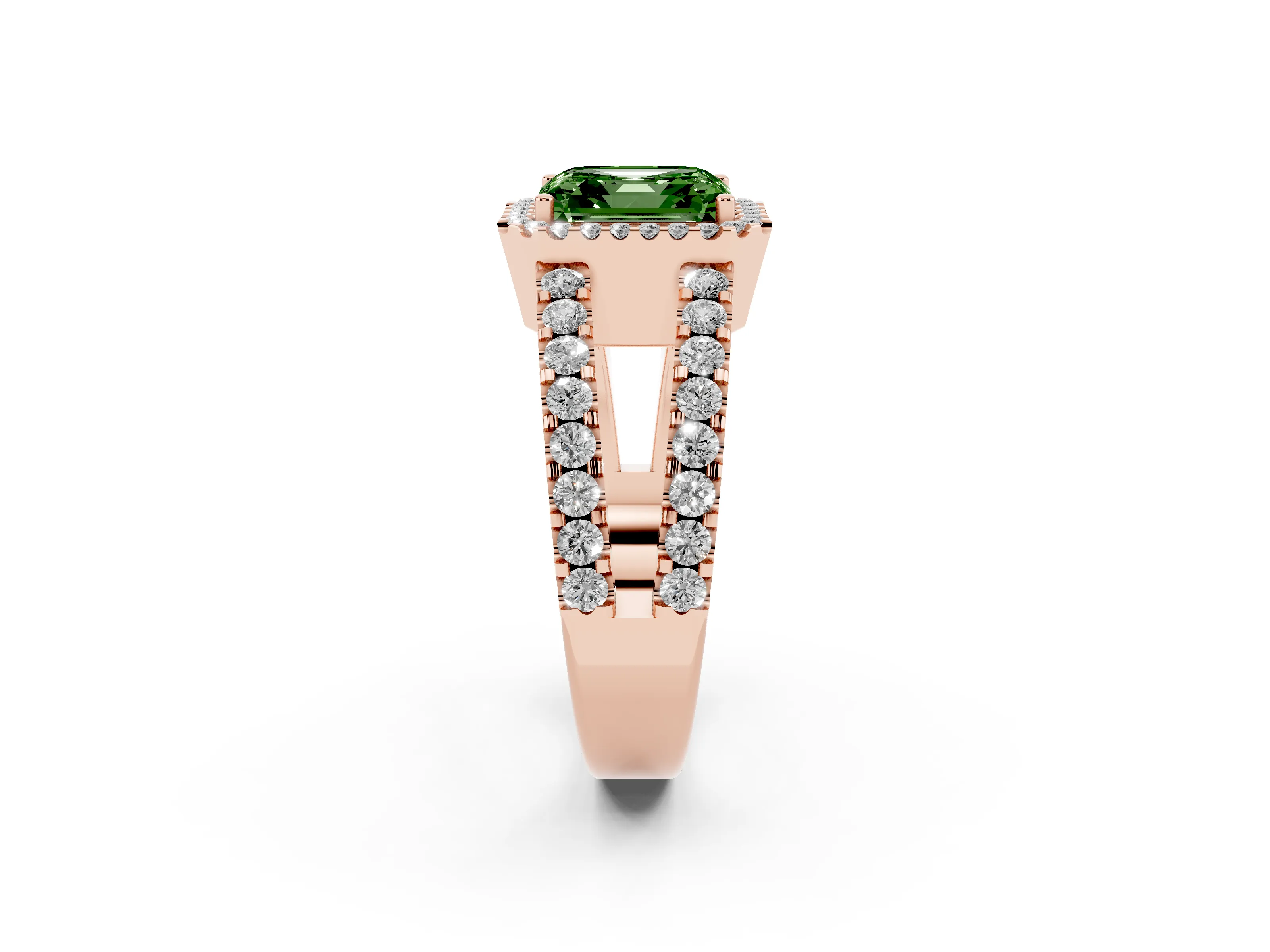 Fancy Green Asscher Cut Diamond Halo Ring Set in Rose gold with Pavé Split Shank and Prong Setting
