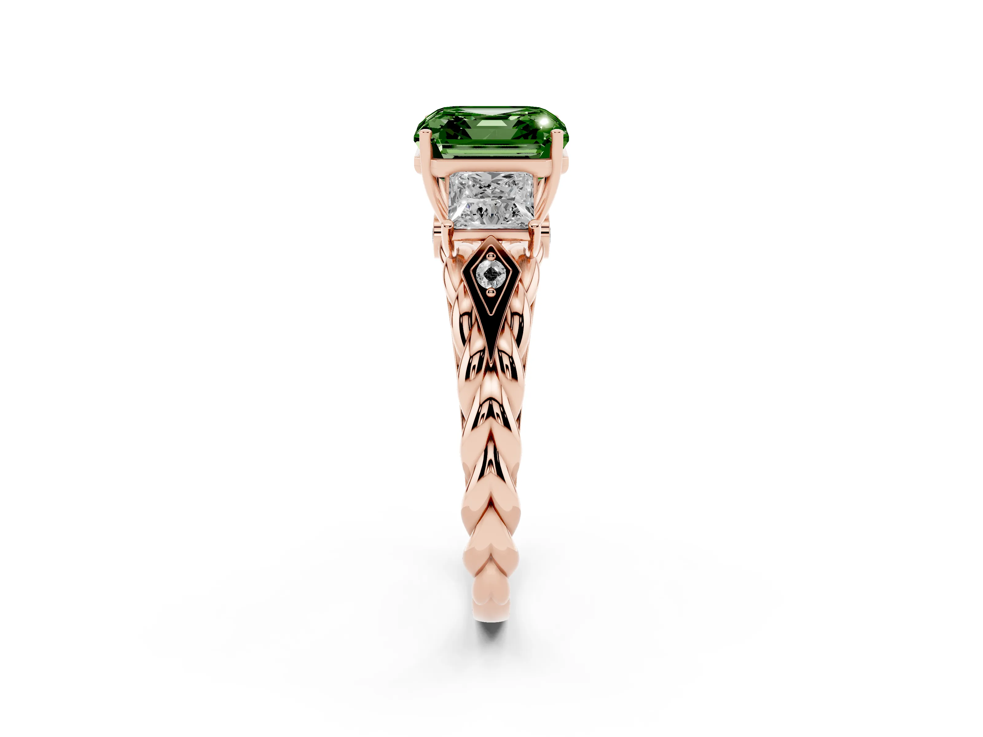 Fancy Green Asscher Cut Diamond Three-Stone Ring Set in Rose gold with Braided Band