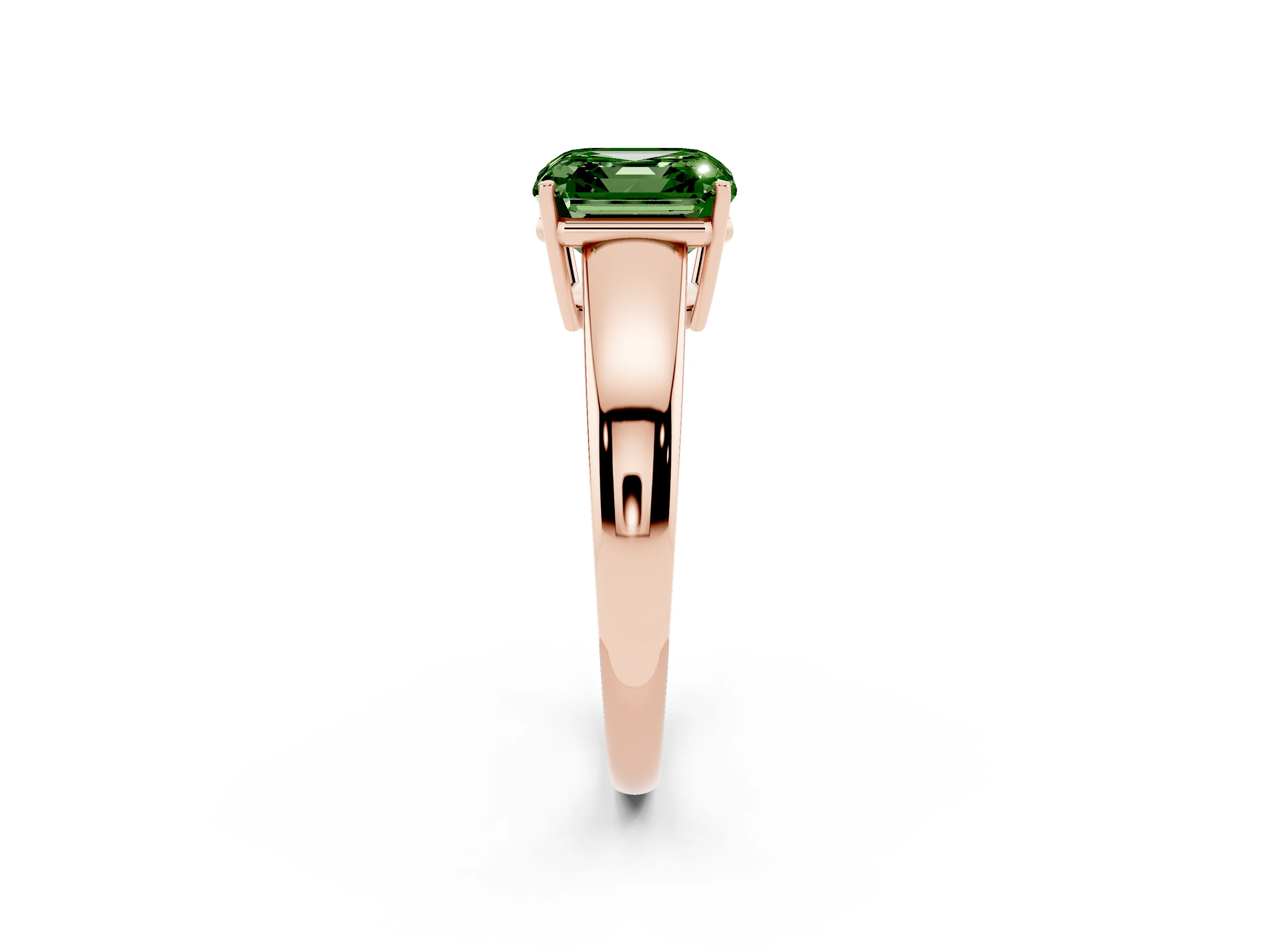 Fancy Green Asscher Cut Diamond Solitaire Ring Set in Rose gold with Tapered Band and Prong Setting