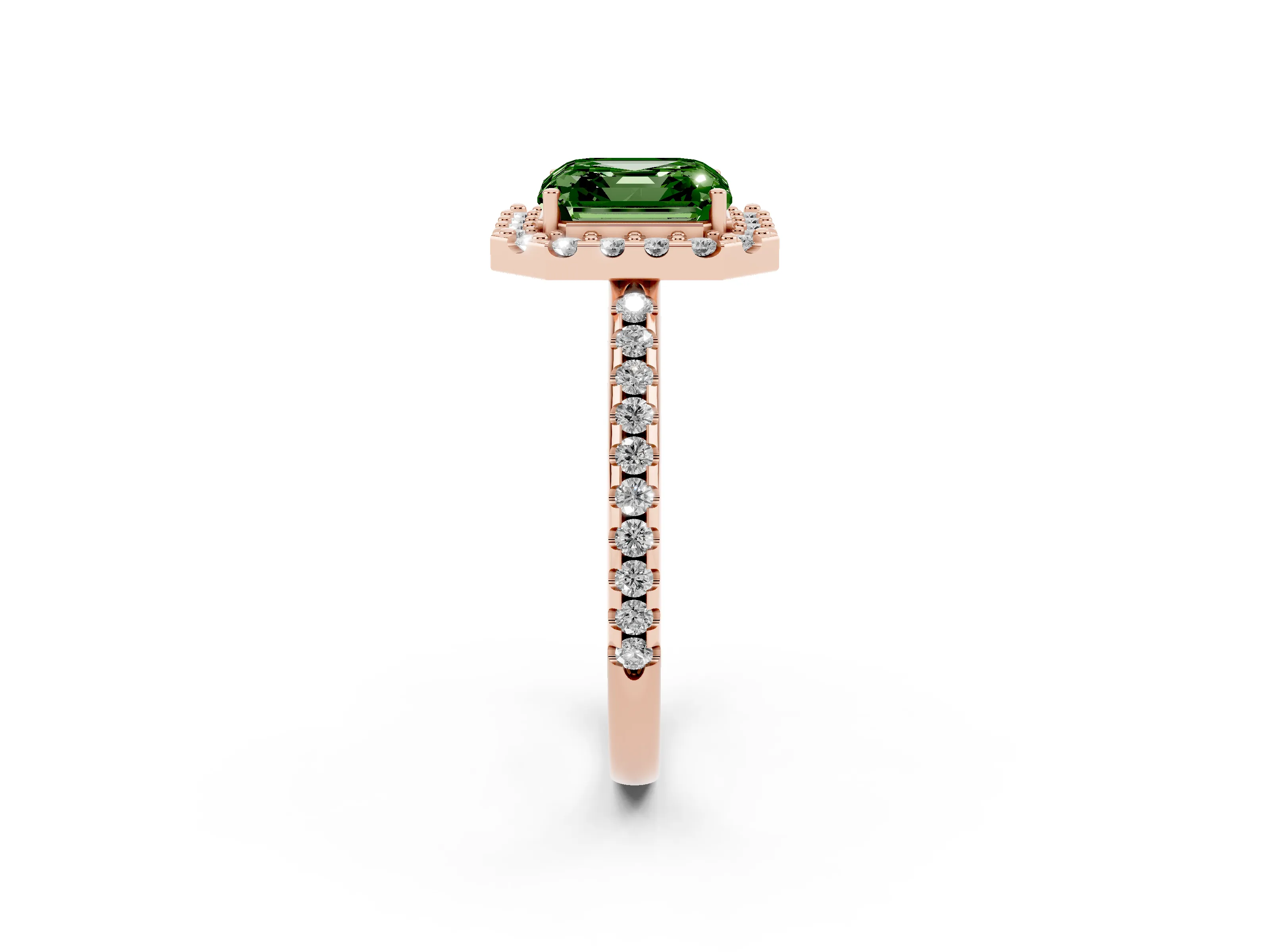 Fancy Green Asscher Cut Diamond Pavé Halo Ring Set in Rose gold with Prong Setting