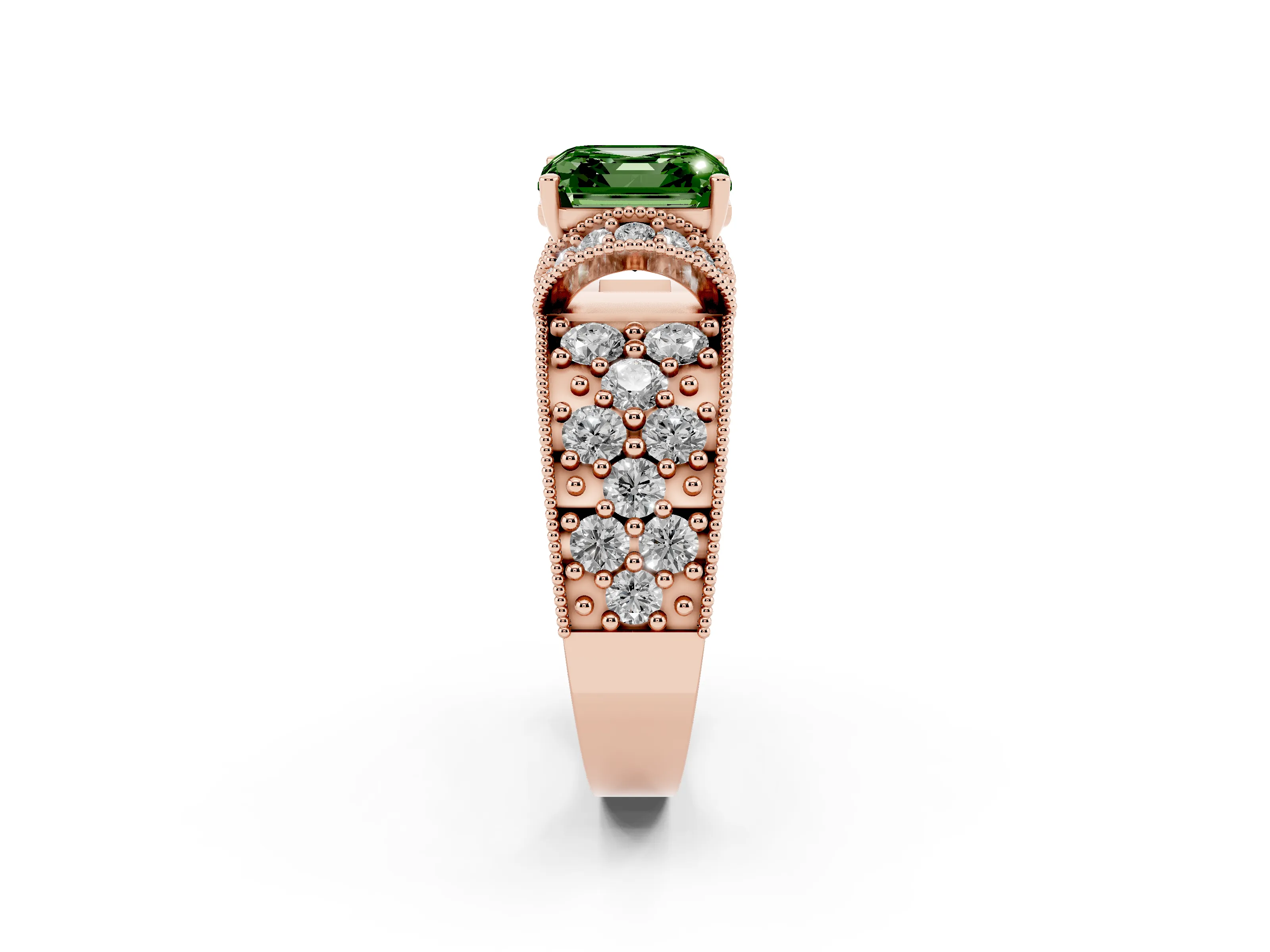 Fancy Green Asscher Cut Diamond Milgrain Halo Pavé Engagement Ring Set in Rose gold with Prong Setting