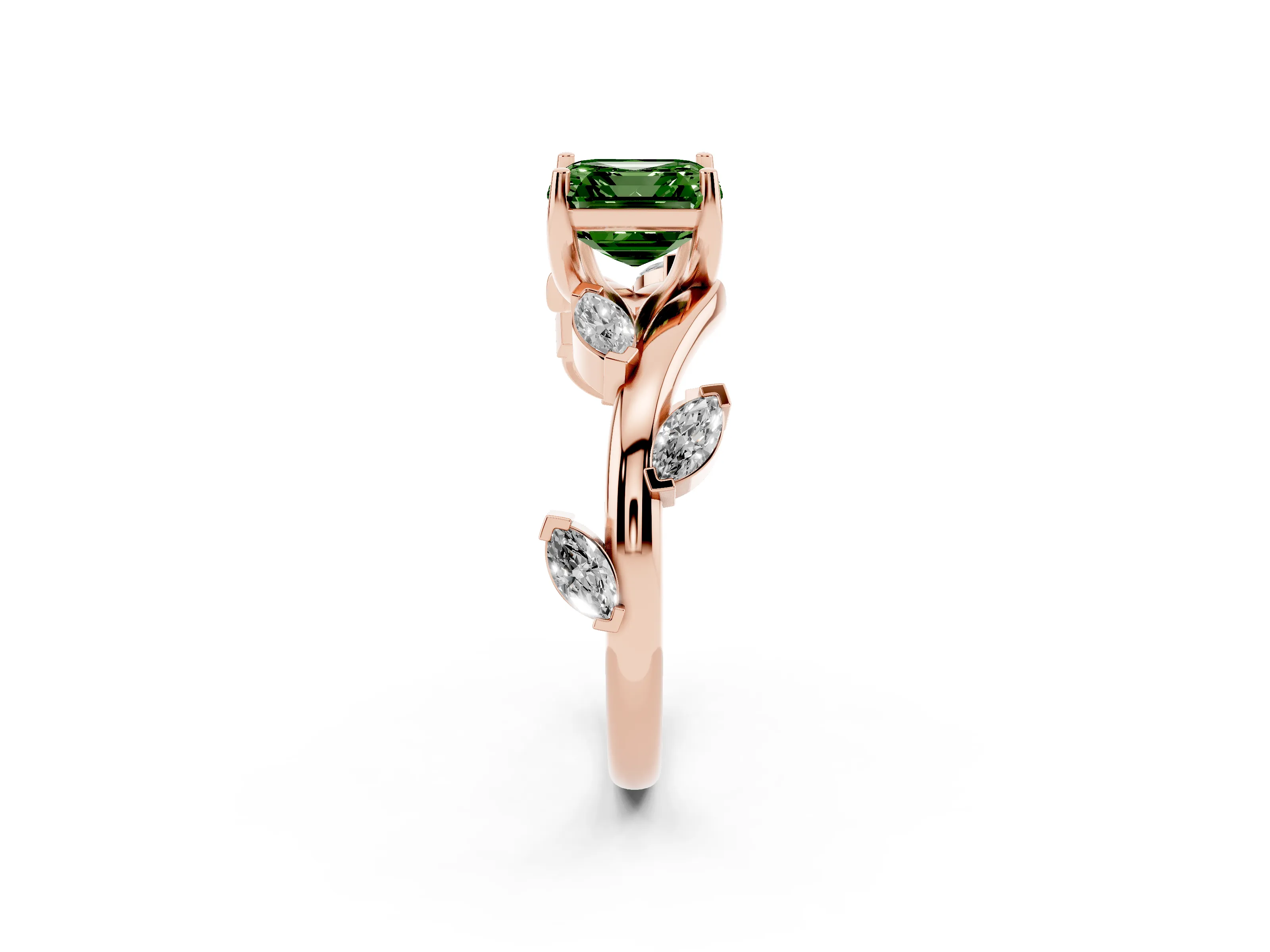 Fancy Green Asscher Cut Diamond Solitaire Ring Set in Rose gold with Twisted Marquise Accent Band