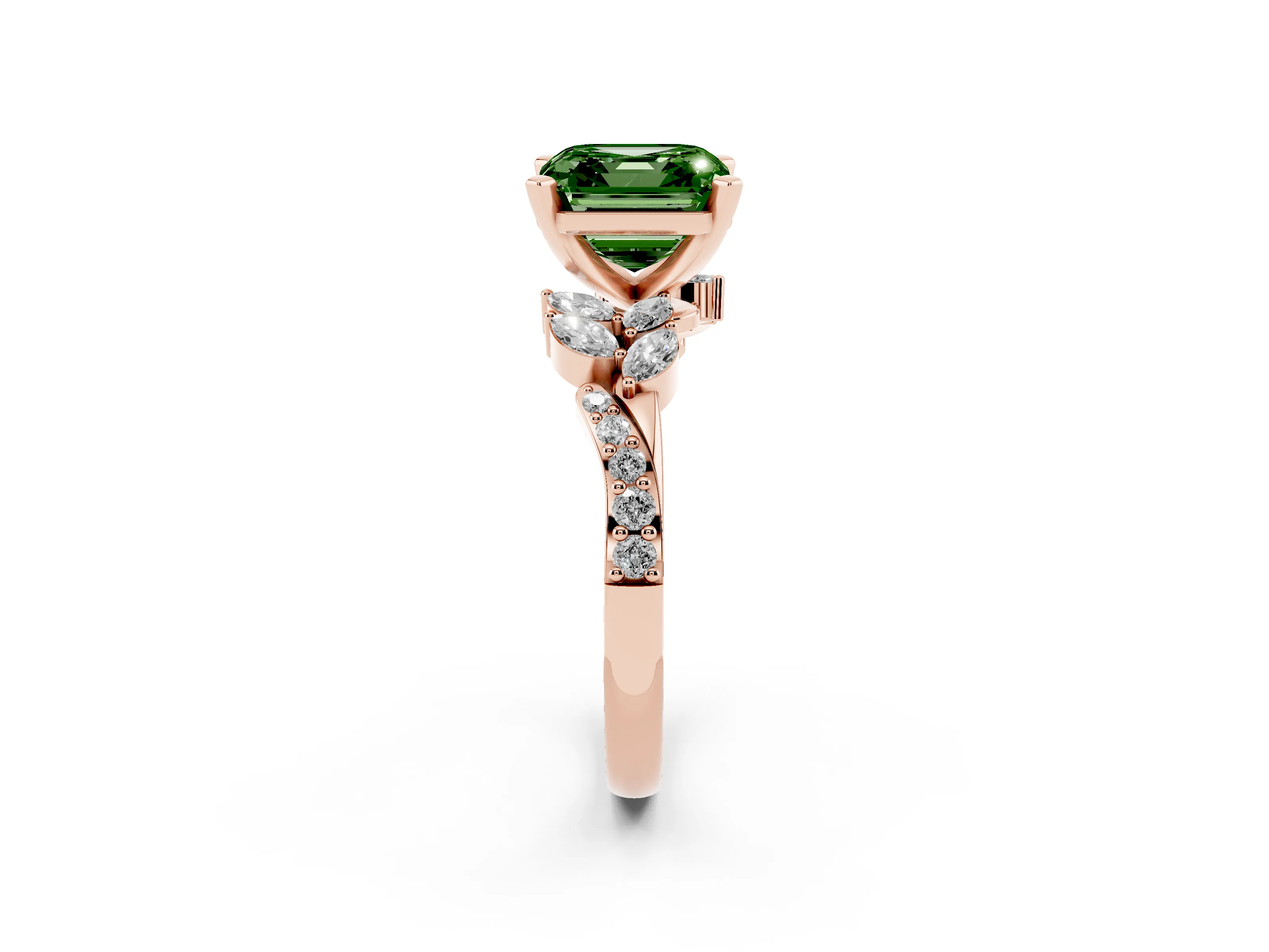 Fancy Green Asscher Cut Diamond Solitaire Ring Set in Rose gold with Marquise Twist Band and Prong Setting