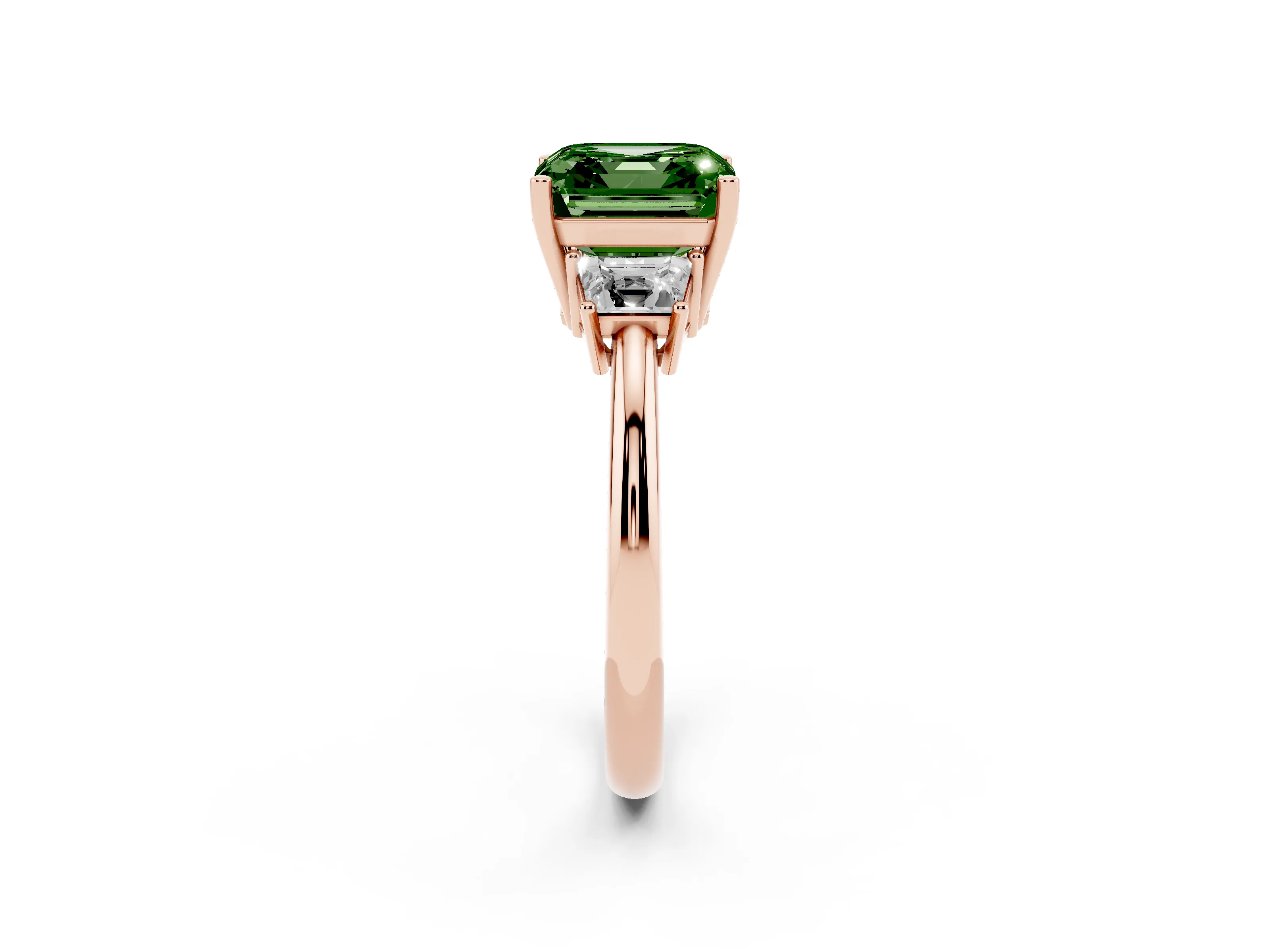 Fancy Green Asscher Cut Diamond Three-Stone Ring Set in Rose gold with Trapezoid Side Stones and Prong Setting