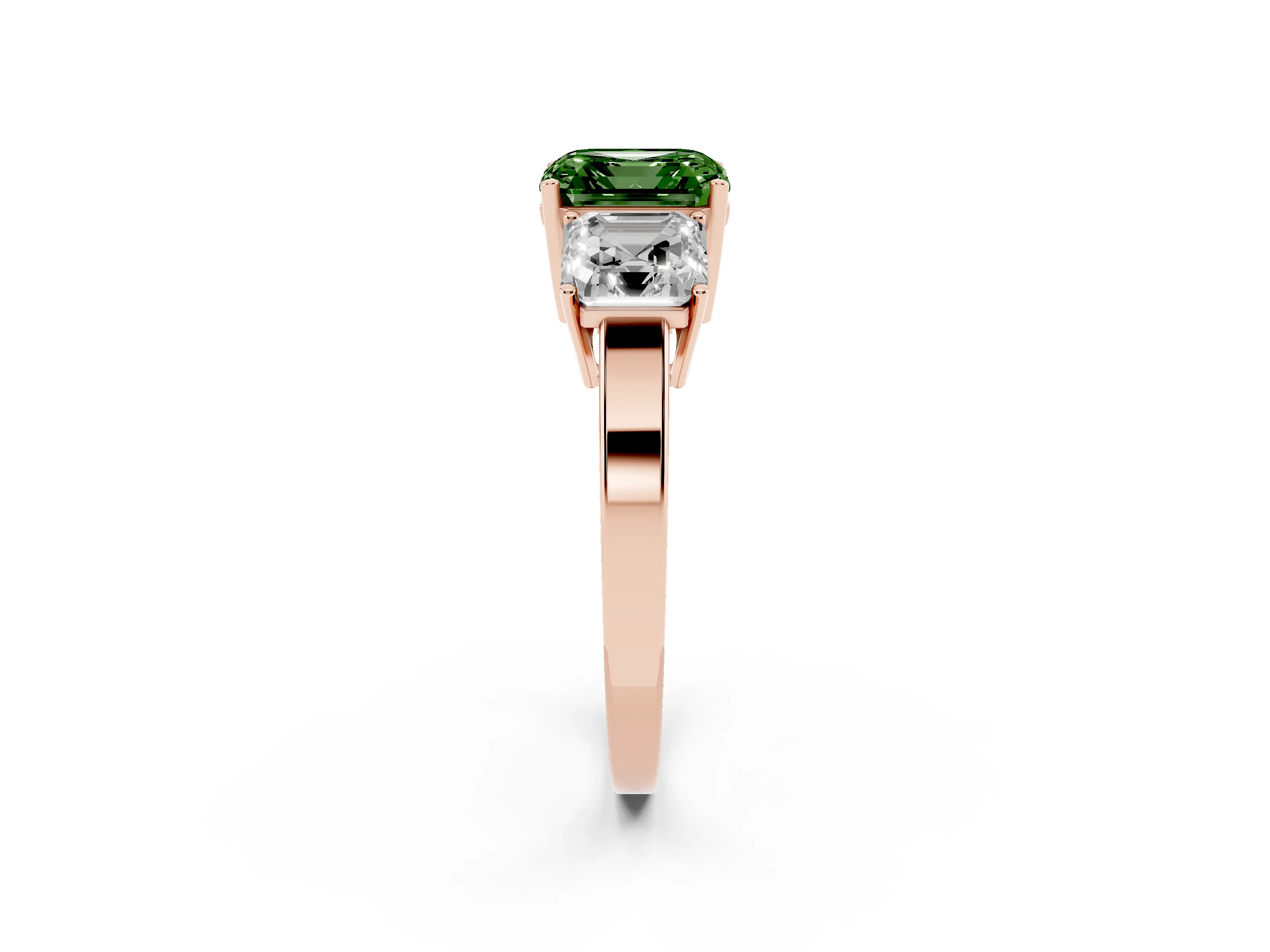 Fancy Green Asscher Cut Diamond Three-Stone Engagement Ring Set in Rose gold with Flat Band